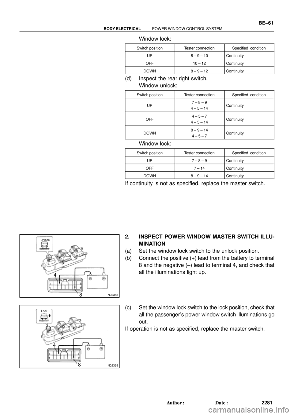 TOYOTA CAMRY 1999  Service Repair Manual N02358 Unlock
4
8
N02359
4
8
Lock
± BODY ELECTRICALPOWER WINDOW CONTROL SYSTEM
BE±61
2281 Author: Date:
Window lock:
Switch positionTester connectionSpecified  condition
UP8 ± 9 ± 10Continuity
O