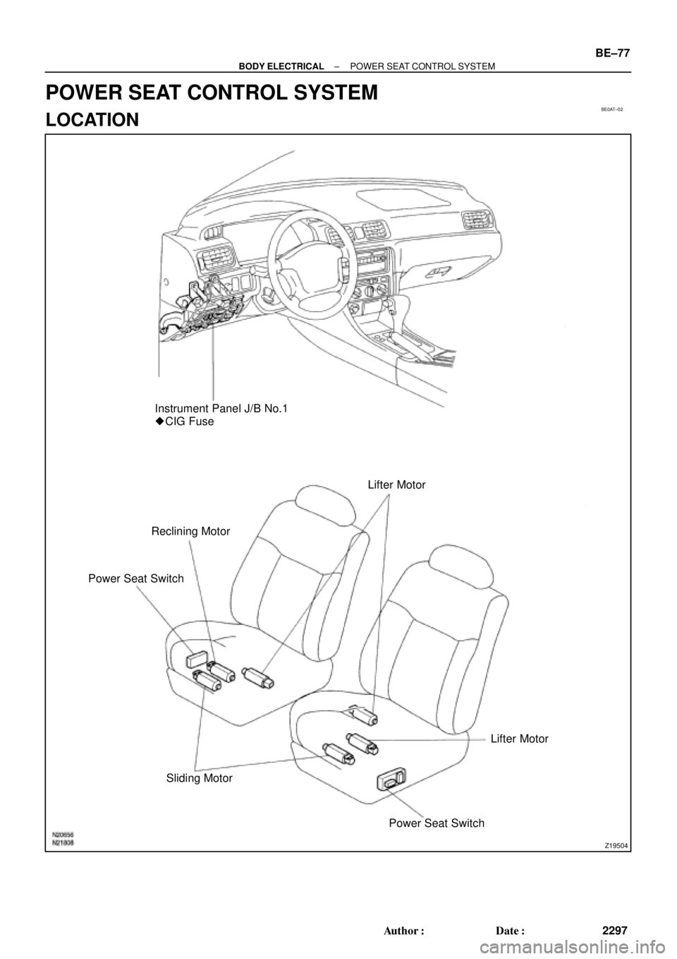 TOYOTA CAMRY 1999  Service Repair Manual BE0AT±02
Z19504
Instrument Panel J/B No.1
 CIG Fuse
Lifter Motor
Power Seat SwitchReclining Motor
Lifter Motor
Sliding Motor
Power Seat Switch
± BODY ELECTRICALPOWER SEAT CONTROL SYSTEM
BE±77
2297