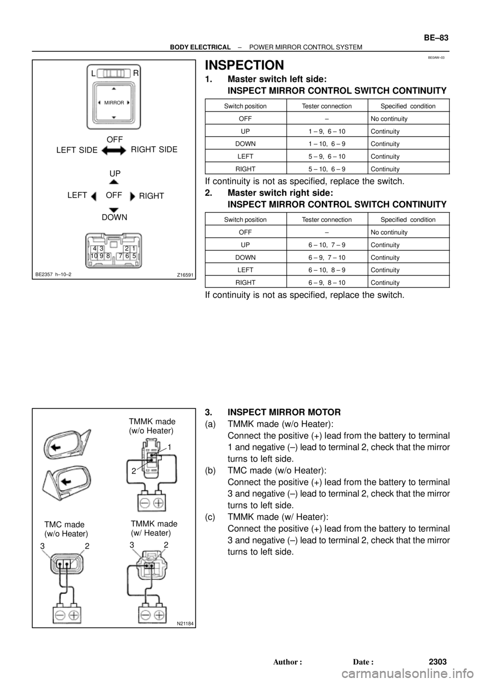 TOYOTA CAMRY 1999  Service Repair Manual BE0AW±03
Z16591
LR
MIRROR
OFF
LEFT SIDERIGHT SIDE
UP
OFF LEFT
RIGHT
DOWN
1 2 3
7 8 4
10 9 5
BE2357 h±10±2
6
N21184
TMMK made
(w/o Heater)
TMC made
(w/o Heater)TMMK made
(w/ Heater)1
2
2 332
± BODY