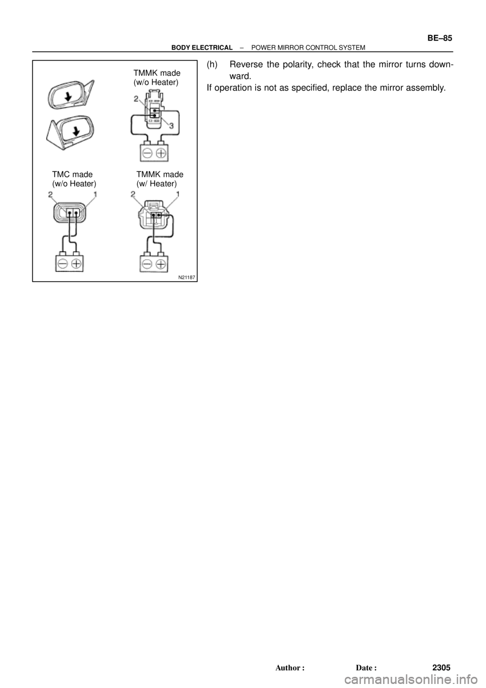 TOYOTA CAMRY 1999  Service Repair Manual N21187
TMMK made
(w/o Heater)
TMC made
(w/o Heater)TMMK made
(w/ Heater)
± BODY ELECTRICALPOWER MIRROR CONTROL SYSTEM
BE±85
2305 Author: Date:
(h) Reverse the polarity, check that the mirror turns