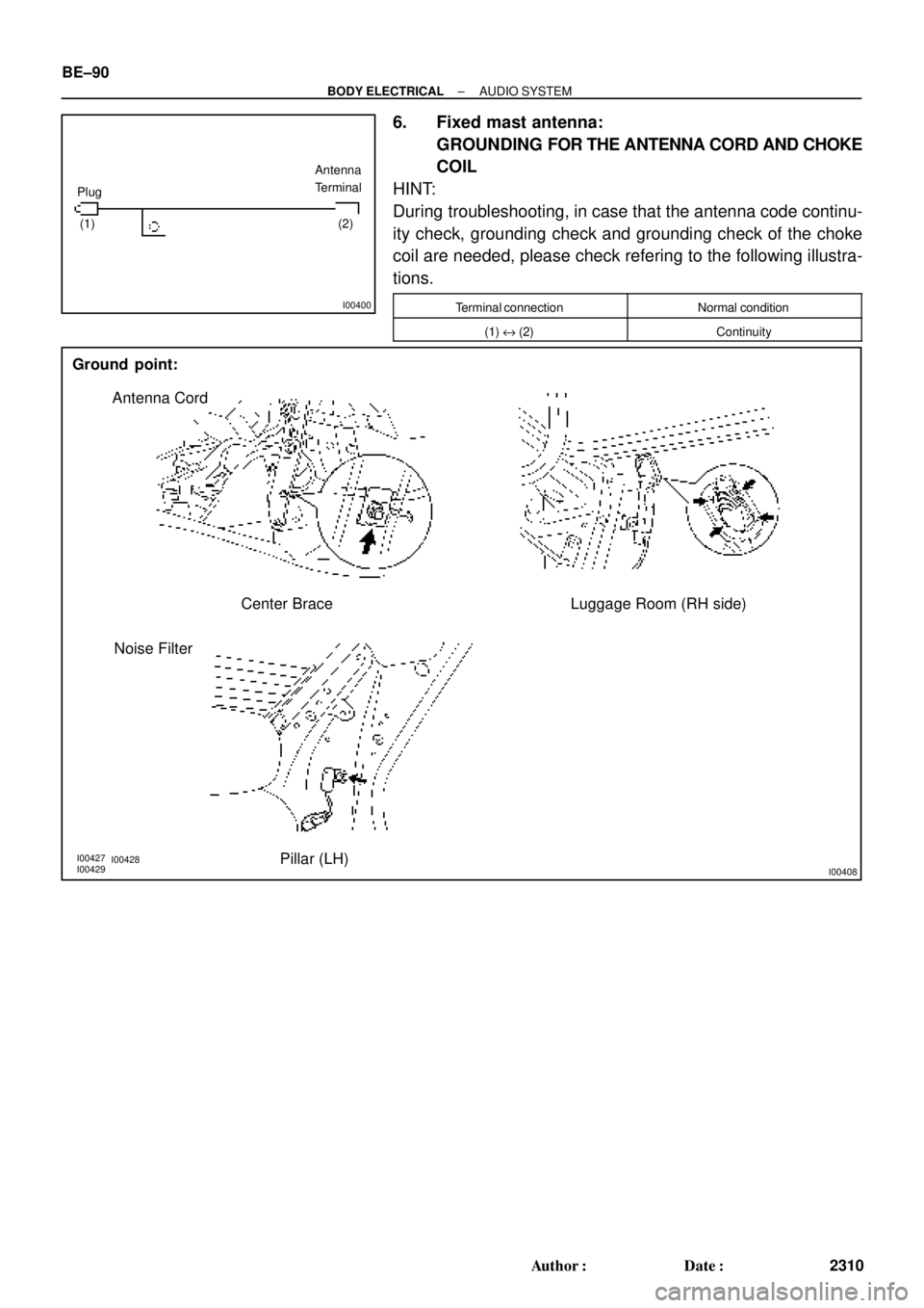 TOYOTA CAMRY 1999  Service Repair Manual I00400
PlugAntenna
Terminal
(1) (2)
I00427
I00428
I00429I00408
Ground  point:
Antenna Cord
Center Brace Luggage Room (RH side)
Pillar (LH) Noise Filter BE±90
± BODY ELECTRICALAUDIO SYSTEM
2310 Autho