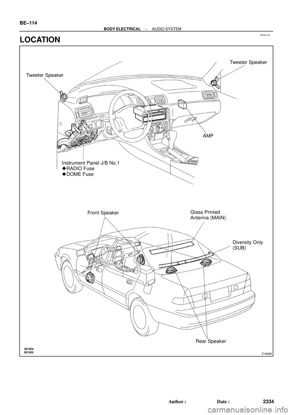 TOYOTA CAMRY 1999  Service Repair Manual BE0AZ±05
Z19489
Tweeter SpeakerTweeter Speaker
AMP
Instrument Panel J/B No.1
 RADIO Fuse
 DOME Fuse
Front SpeakerGlass Printed
Antenna (MAIN)
Diversity Only
(SUB)
Rear Speaker BE±114
± BODY ELECT