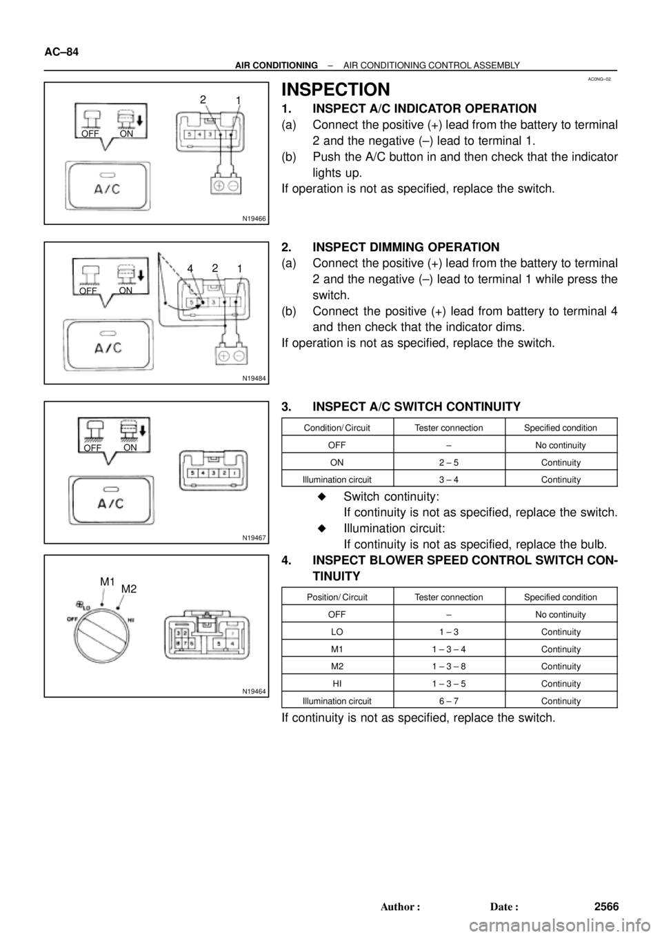 TOYOTA CAMRY 1999  Service Manual Online AC0NG±02
N19466
ON OFF
2
1
N19484
ON
OFF
2
1 4
N19467
ON
OFF
N19464
M1
M2 AC±84
± AIR CONDITIONINGAIR CONDITIONING CONTROL ASSEMBLY
2566 Author: Date:
INSPECTION
1. INSPECT A/C INDICATOR OPERATIO