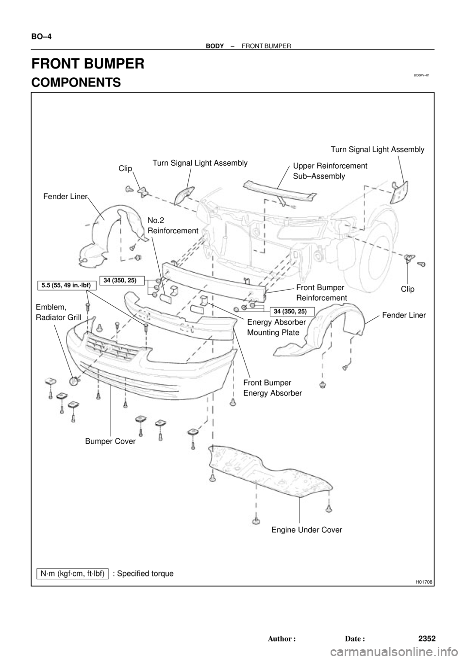 TOYOTA CAMRY 1999  Service Repair Manual BO0KV±01
H01708
Turn Signal Light Assembly
Upper Reinforcement
Sub±AssemblyTurn Signal Light Assembly
Fender Liner Front Bumper
Reinforcement
Energy Absorber
Mounting Plate
Front Bumper
Energy Absor
