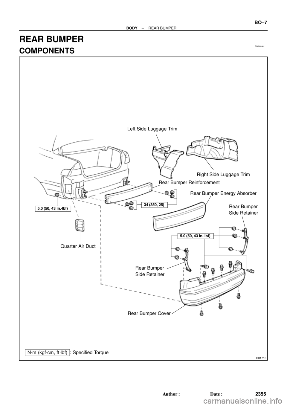 TOYOTA CAMRY 1999  Service Repair Manual BO0KY±01
H01713
Left Side Luggage Trim
Right Side Luggage Trim
Rear Bumper
Side Retainer Rear Bumper Energy Absorber Rear Bumper Reinforcement
Quarter Air Duct
Rear Bumper 
Side Retainer
Rear Bumper 