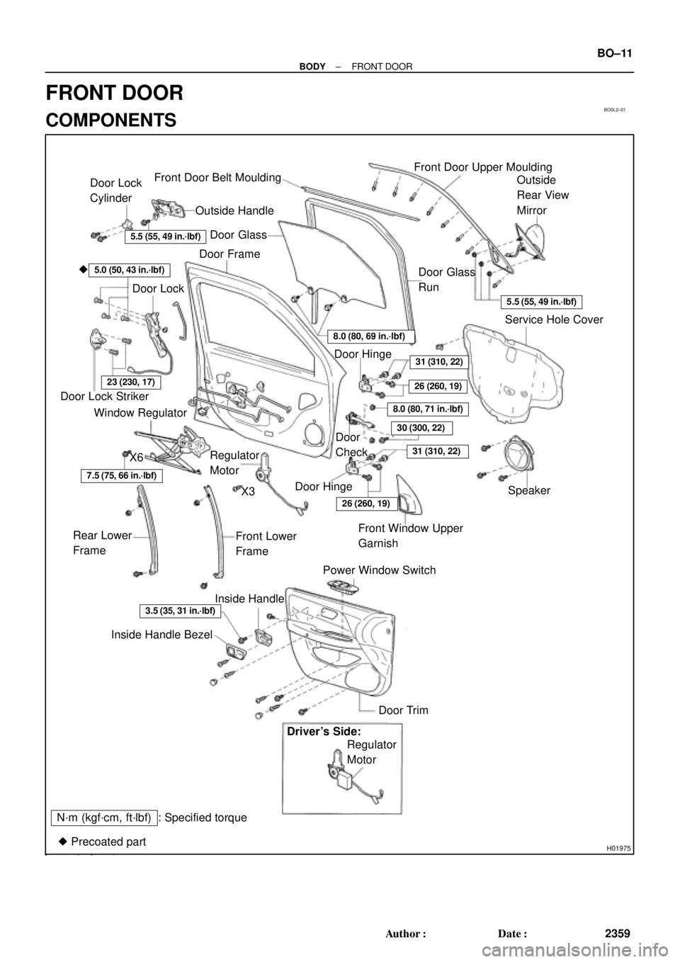 TOYOTA CAMRY 1999  Service Repair Manual BO0L2±01
H01975
Door Lock
Cylinder
Outside Handle Front Door Belt Moulding
Door Glass
Door FrameFront Door Upper Moulding
Outside
Rear View 
Mirror
Door Glass
Run
5.5 (55, 49 in.´lbf)
5.5 (55, 49 in