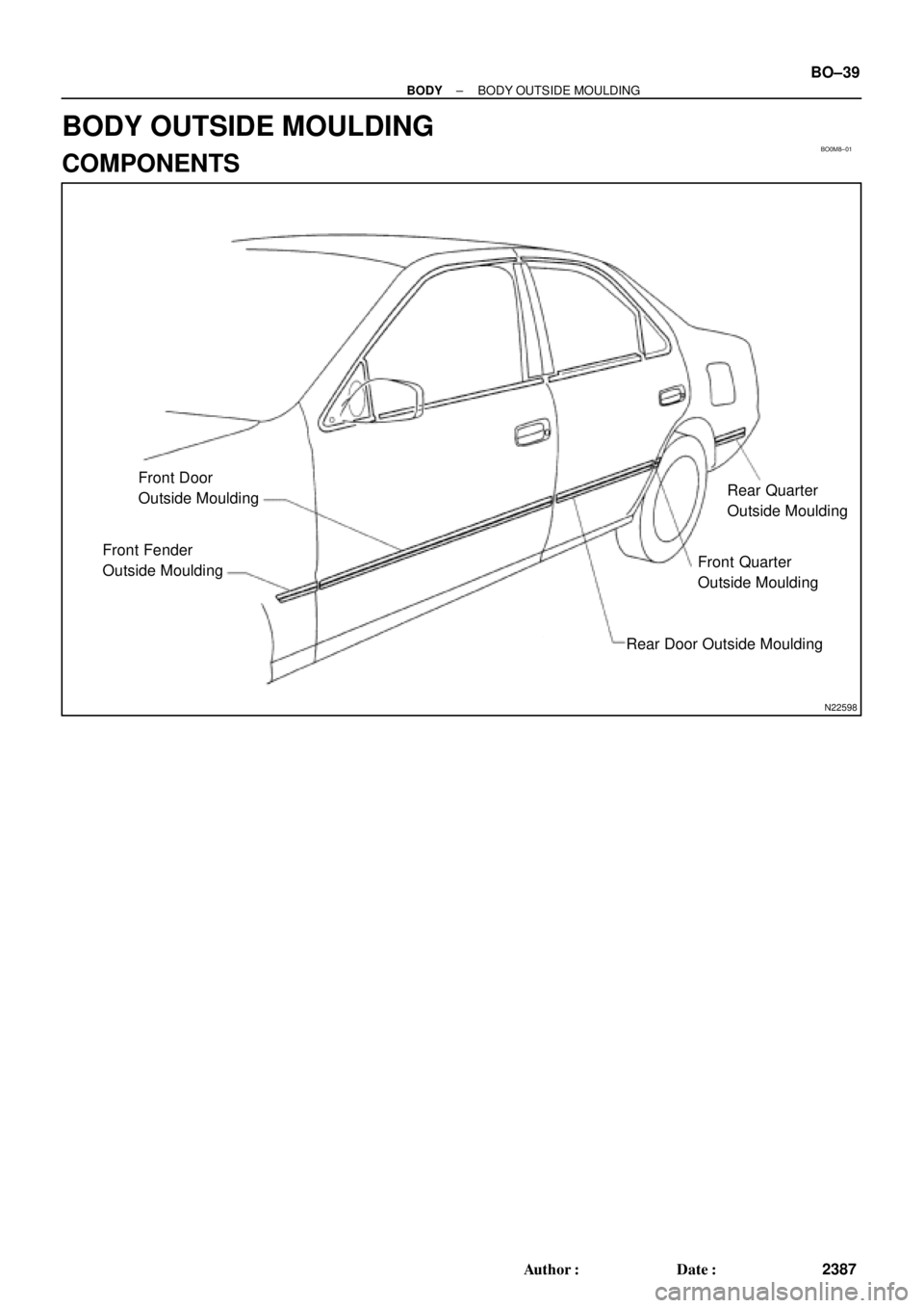 TOYOTA CAMRY 1999  Service Repair Manual BO0M8±01
N22598
Front Door 
Outside Moulding
Front Fender
Outside Moulding
Rear Door Outside MouldingFront Quarter
Outside MouldingRear Quarter
Outside Moulding
± BODYBODY OUTSIDE MOULDING
BO±39
23