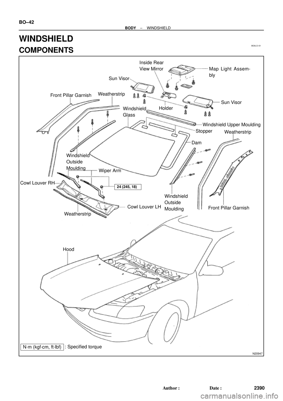 TOYOTA CAMRY 1999  Service Repair Manual BO0LO±01
N20947
Front Pillar GarnishWeatherstripSun VisorInside Rear
View Mirror Map  Light  Assem-
bly
Sun Visor
Holder
Windshield
Glass
Windshield Upper Moulding
Weatherstrip Stopper
Dam
Windshield
