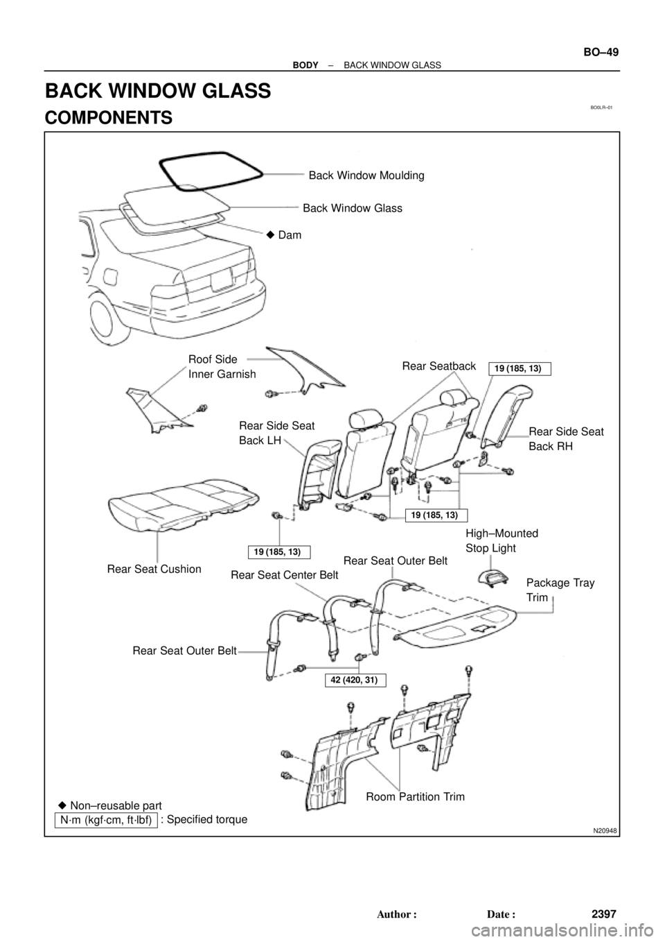 TOYOTA CAMRY 1999  Service Repair Manual BO0LR±01
N20948
Back Window Moulding
Back Window Glass
 Dam
Roof Side
Inner GarnishRear Seatback
19 (185, 13)
42 (420, 31)
Rear Side Seat
Back RH Rear Side Seat
Back LH
Rear Seat Cushion
19 (185, 13