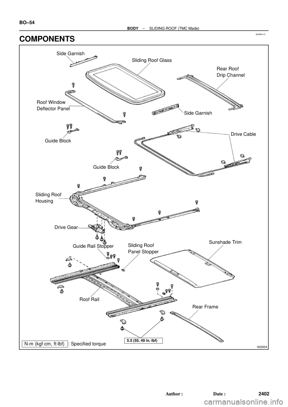 TOYOTA CAMRY 1999  Service Repair Manual BO0M2±01
N22654
Side Garnish
Sliding Roof Glass
Rear Roof 
Drip Channel
Roof Window
Deflector Panel
Side Garnish
Drive Cable
Guide Block
Guide Block
Sliding Roof
Housing
Drive Gear
Sunshade Trim
Slid