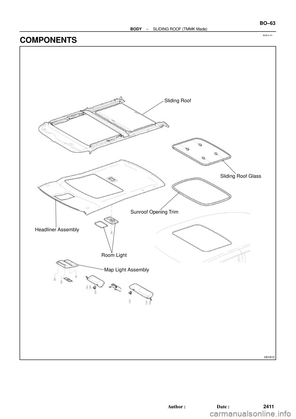TOYOTA CAMRY 1999  Service Repair Manual BO0LV±01
H01812
Sliding Roof
Sliding Roof Glass
Sunroof Opening Trim
Headliner Assembly
Room Light
Map Light Assembly
± BODYSLIDING ROOF (TMMK Made)
BO±63
2411 Author: Date:
COMPONENTS 