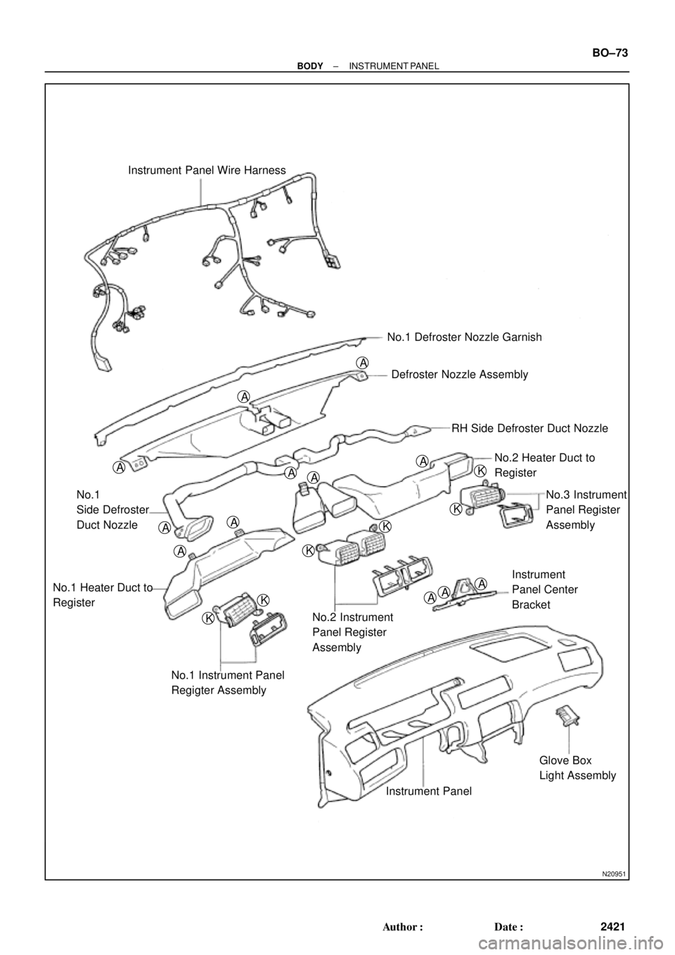 TOYOTA CAMRY 1999  Service Repair Manual N20951
A
Instrument Panel Wire Harness
No.1 Defroster Nozzle Garnish
Defroster Nozzle Assembly A
A
RH Side Defroster Duct Nozzle
No.1
Side Defroster
Duct Nozzle
A
A
A
A
A
ANo.2 Heater Duct to
Register