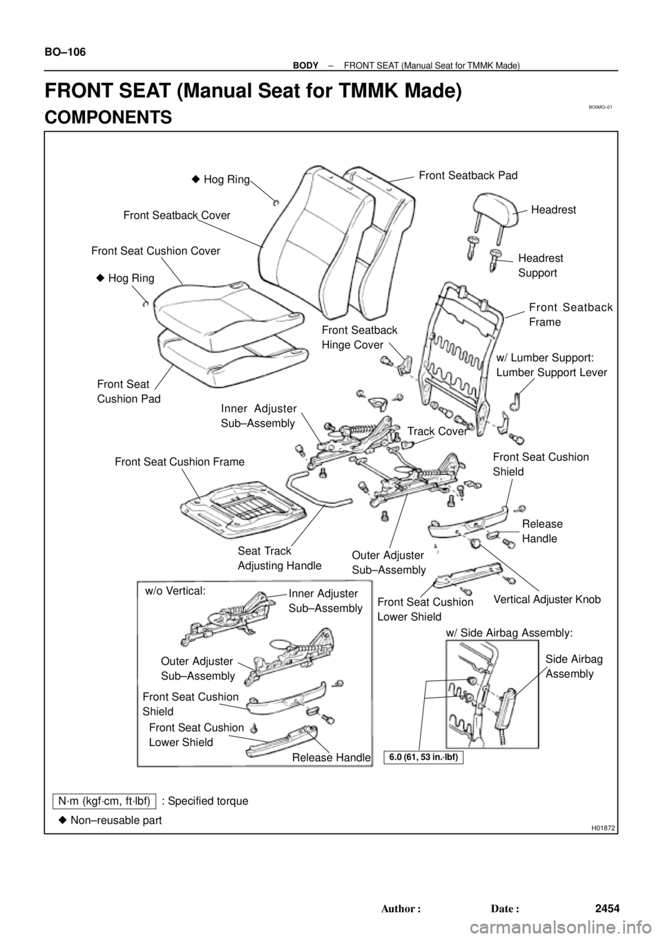 TOYOTA CAMRY 1999  Service Repair Manual BO0MO±01
H01872
 Hog Ring
Front Seatback Cover
Front Seatback Pad
Headrest
Headrest
Support
 Hog Ring
Front Seatback
Hinge Cover
Front Seatback
Frame
w/ Lumber Support:
Lumber Support Lever
Front S