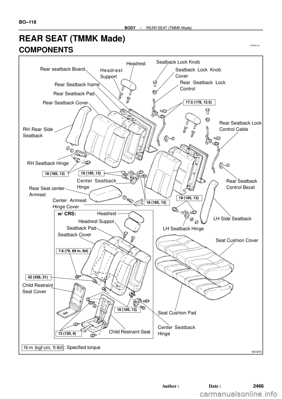 TOYOTA CAMRY 1999  Service Repair Manual BO0N5±01
H01875
Rear seatback Board
Rear Seatback frame
RH Rear Side
SeatbackRear Seatback CoverRear Seatback PadHeadrest
Support
LH Seatback Hinge Seatback Lock Knob
Seatback Lock Knob
Cover
Rear Se