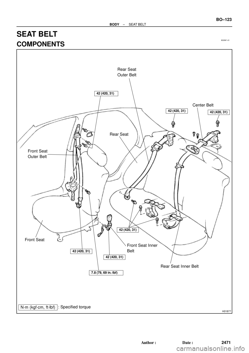 TOYOTA CAMRY 1999  Service Repair Manual BO0NF±01
H01877
42 (420, 31)
Front Seat
Outer Belt
42 (420, 31)
Rear Seat
Center Belt
42 (420, 31)
Front Seat
42 (420, 31)
Front Seat Inner
Belt
42 (420, 31)
Rear Seat Inner Belt
N´m (kgf´cm, ft´l