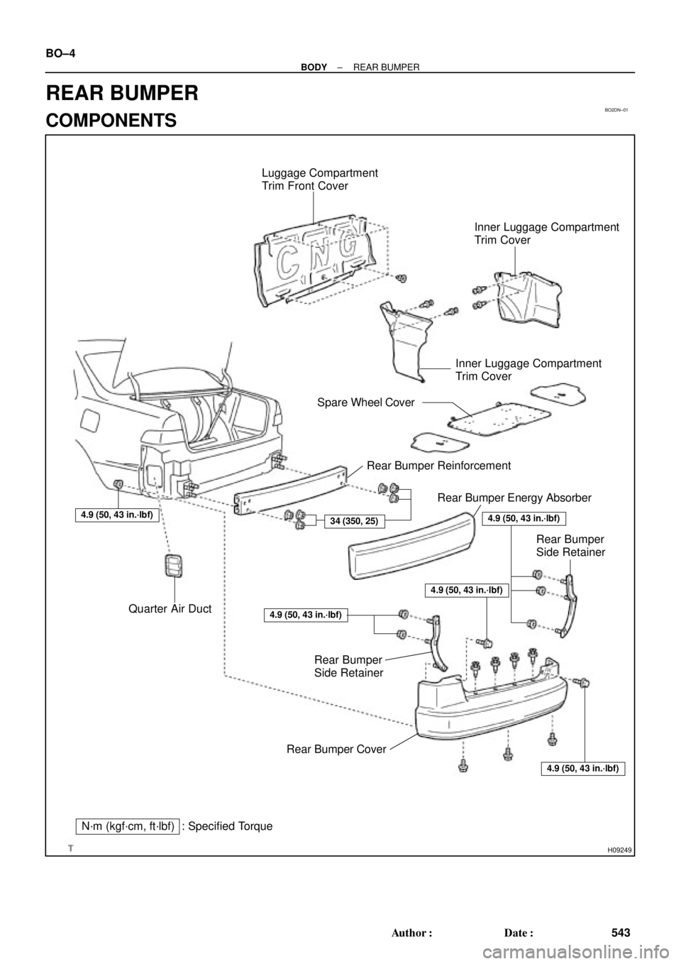 TOYOTA CAMRY 1999  Service Repair Manual BO2DN±01
H09249
Luggage Compartment
Trim Front Cover
Rear Bumper Reinforcement
Rear Bumper Energy Absorber
Rear Bumper 
Side Retainer
Quarter Air Duct
Rear Bumper Cover Rear Bumper 
Side RetainerInne