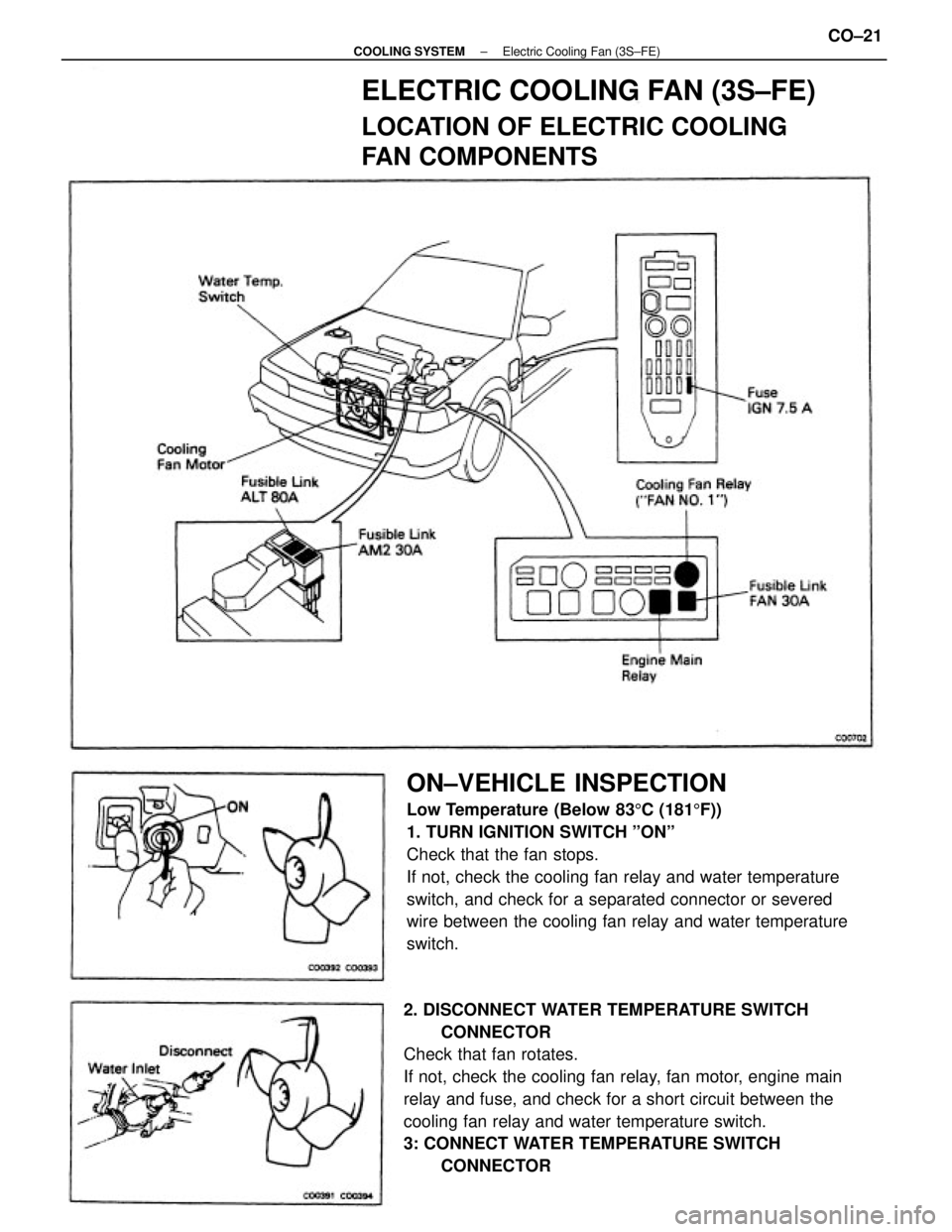 TOYOTA CAMRY V20 1986  Service Information ON±VEHICLE INSPECTION
Low Temperature (Below 835C (1815F))
1. TURN IGNITION SWITCH ºONº
Check that the fan stops.
If not, check the cooling fan relay and water temperature
switch, and check for a s