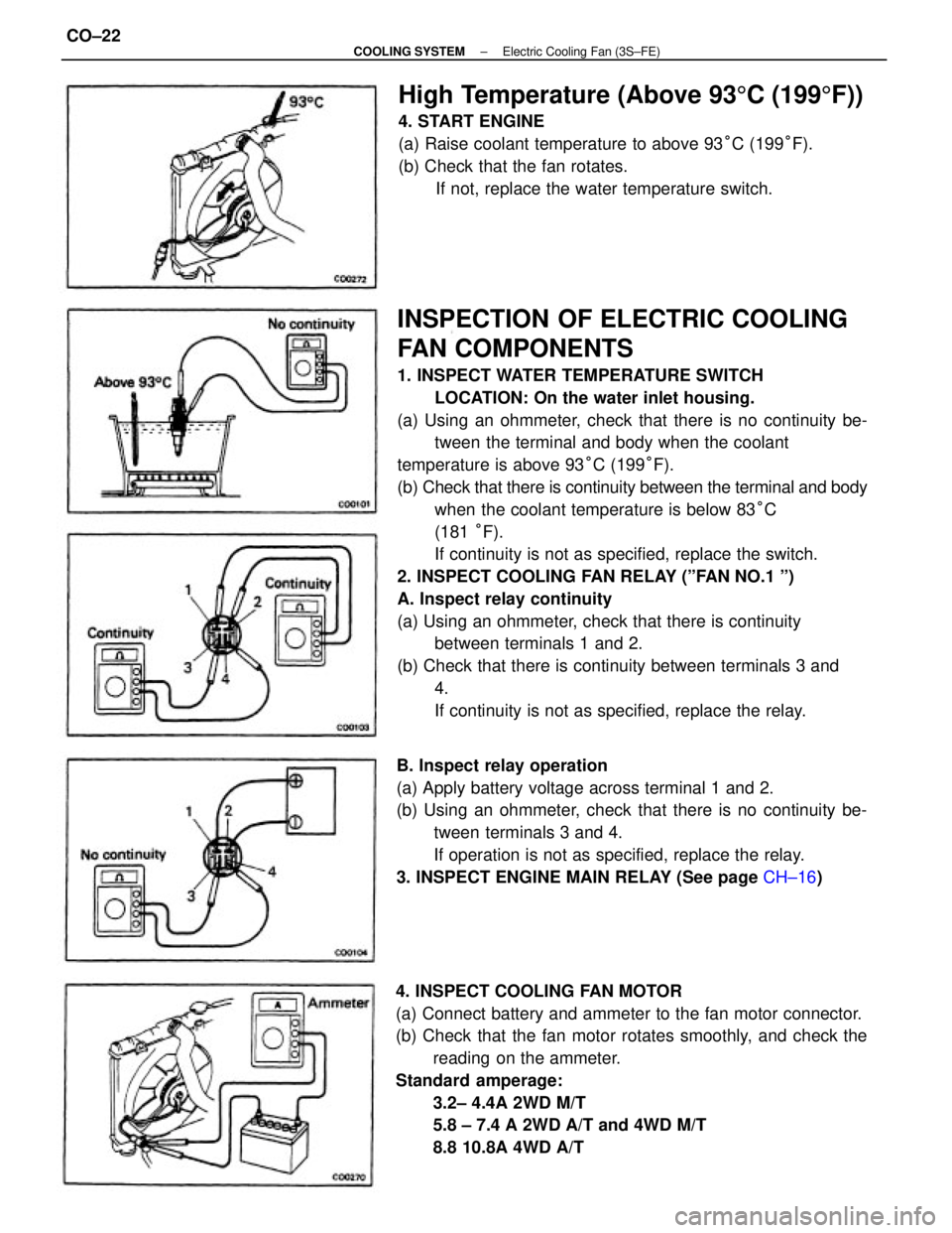 TOYOTA CAMRY V20 1986  Service Information INSPECTION OF ELECTRIC COOLING
FAN COMPONENTS
1. INSPECT WATER TEMPERATURE SWITCH
LOCATION: On the water inlet housing.
(a) Using an ohmmeter, check that there is no continuity be-
tween the terminal 