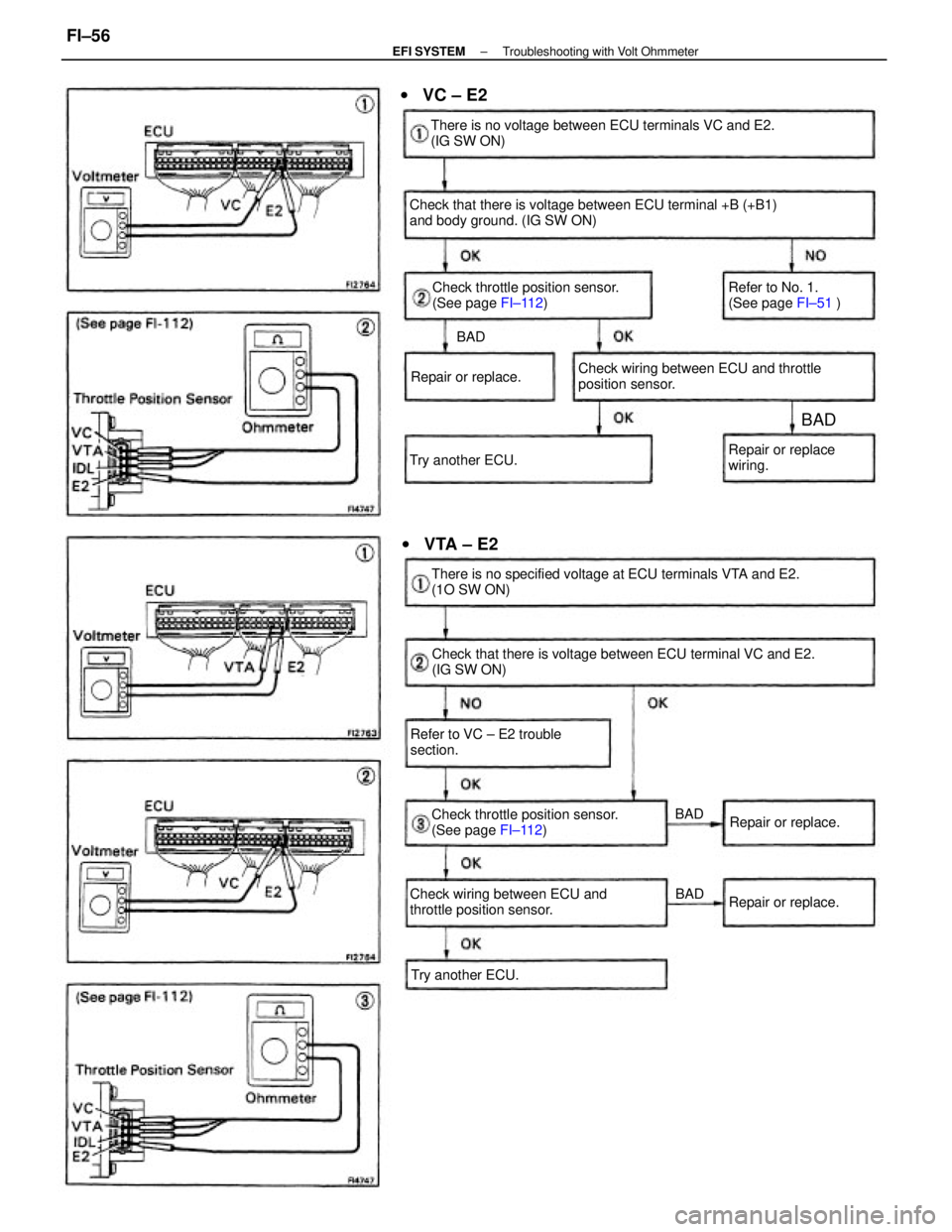 TOYOTA CAMRY V20 1986 Service Information Check that there is voltage between ECU terminal VC and E2.
(IG SW ON) Check that there is voltage between ECU terminal +B (+B1)
and body ground. (IG SW ON)
There is no specified voltage at ECU termin TOYOTA CAMRY V20 1986 Service Information Check that there is voltage between ECU terminal VC and E2.
(IG SW ON) Check that there is voltage between ECU terminal +B (+B1)
and body ground. (IG SW ON)
There is no specified voltage at ECU termin