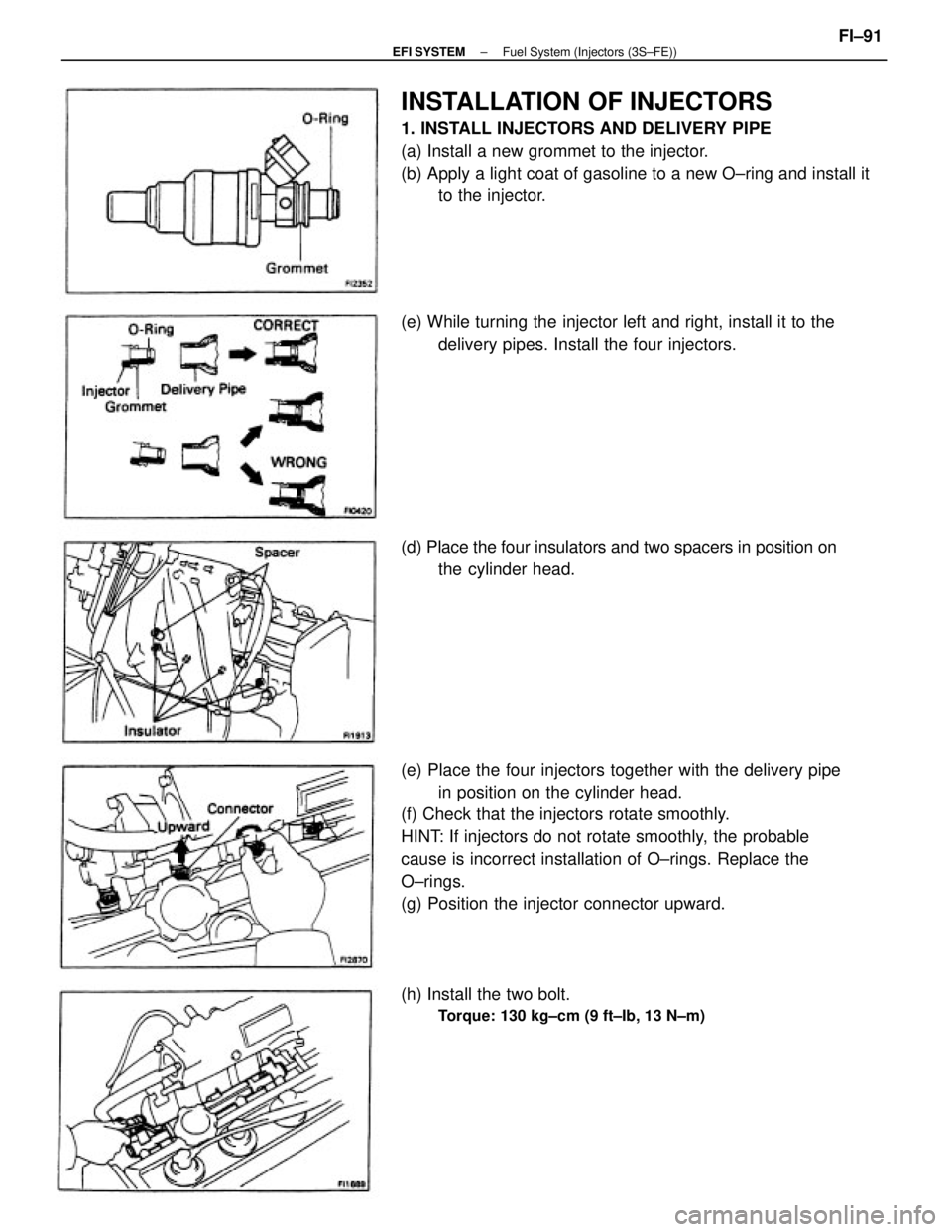 TOYOTA CAMRY V20 1986  Service Information (e) Place the four injectors together with the delivery pipe
in position on the cylinder head.
(f) Check that the injectors rotate smoothly.
HINT: If injectors do not rotate smoothly, the probable
cau