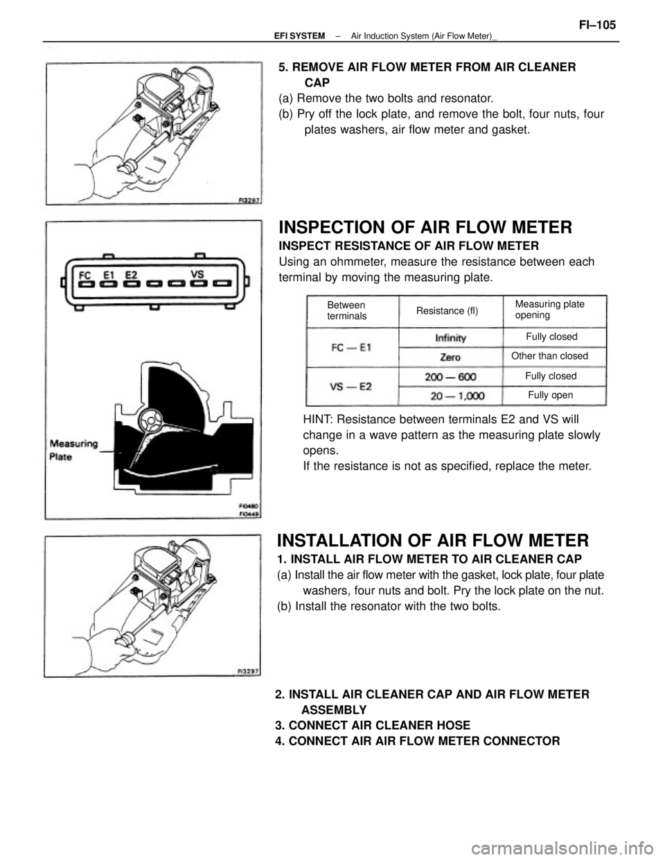 TOYOTA CAMRY V20 1986 Service Information INSTALLATION OF AIR FLOW METER
1. INSTALL AIR FLOW METER TO AIR CLEANER CAP
(a) Install the air flow meter with the gasket, lock plate, four plate
washers, four nuts and bolt. Pry the lock plate on th TOYOTA CAMRY V20 1986 Service Information INSTALLATION OF AIR FLOW METER
1. INSTALL AIR FLOW METER TO AIR CLEANER CAP
(a) Install the air flow meter with the gasket, lock plate, four plate
washers, four nuts and bolt. Pry the lock plate on th