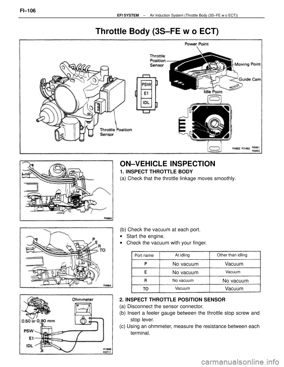 TOYOTA CAMRY V20 1986 Service Information 2. INSPECT THROTTLE POSITION SENSOR
(a) Disconnect the sensor connector.
(b) Insert a feeler gauge between the throttle stop screw and
stop lever.
(c) Using an ohmmeter, measure the resistance between TOYOTA CAMRY V20 1986 Service Information 2. INSPECT THROTTLE POSITION SENSOR
(a) Disconnect the sensor connector.
(b) Insert a feeler gauge between the throttle stop screw and
stop lever.
(c) Using an ohmmeter, measure the resistance between
