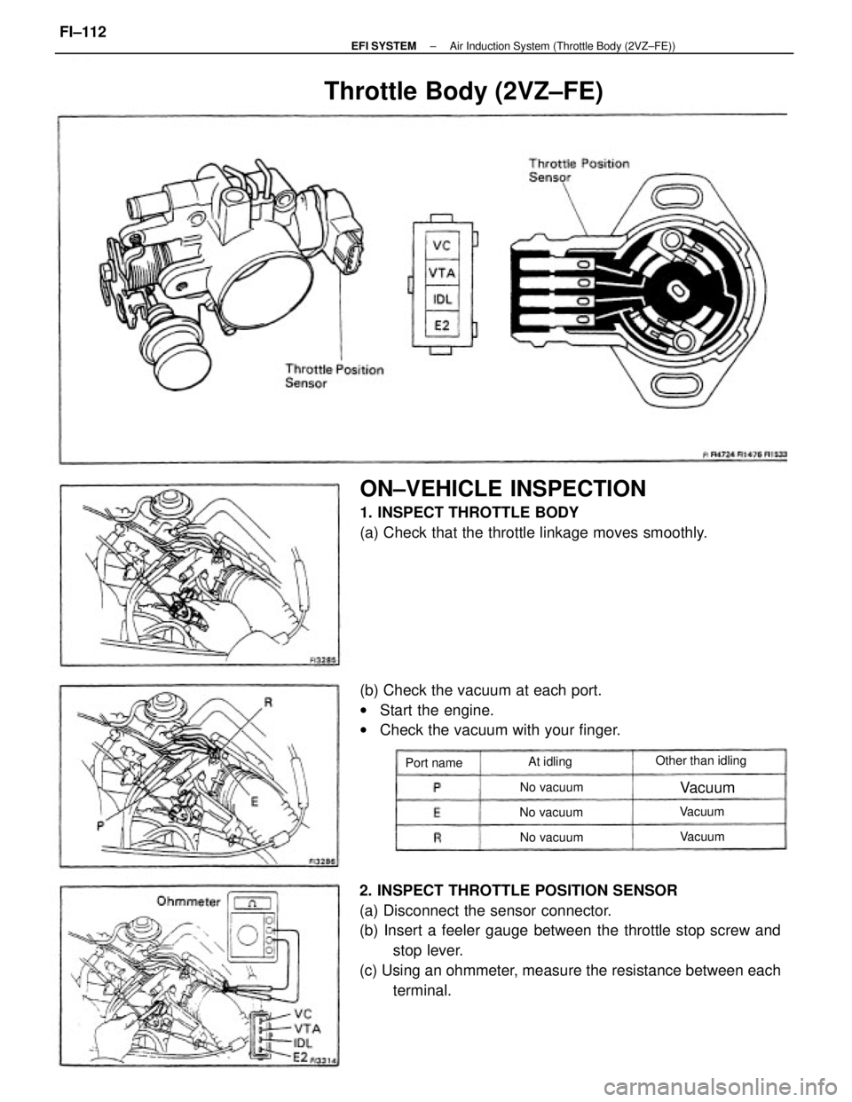 TOYOTA CAMRY V20 1986 Service Information 2. INSPECT THROTTLE POSITION SENSOR
(a) Disconnect the sensor connector.
(b) Insert a feeler gauge between the throttle stop screw and
stop lever.
(c) Using an ohmmeter, measure the resistance between TOYOTA CAMRY V20 1986 Service Information 2. INSPECT THROTTLE POSITION SENSOR
(a) Disconnect the sensor connector.
(b) Insert a feeler gauge between the throttle stop screw and
stop lever.
(c) Using an ohmmeter, measure the resistance between