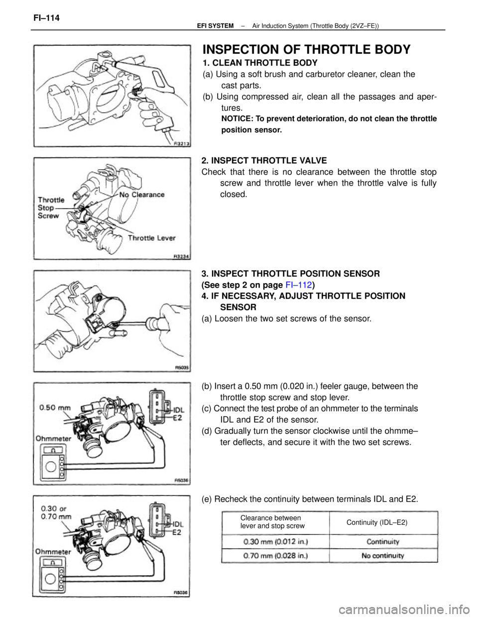 TOYOTA CAMRY V20 1986 Service Information INSPECTION OF THROTTLE BODY
1. CLEAN THROTTLE BODY
(a) Using a soft brush and carburetor cleaner, clean the
cast parts.
(b) Using compressed air, clean all the passages and aper-
tures.
NOTICE: To pre TOYOTA CAMRY V20 1986 Service Information INSPECTION OF THROTTLE BODY
1. CLEAN THROTTLE BODY
(a) Using a soft brush and carburetor cleaner, clean the
cast parts.
(b) Using compressed air, clean all the passages and aper-
tures.
NOTICE: To pre
