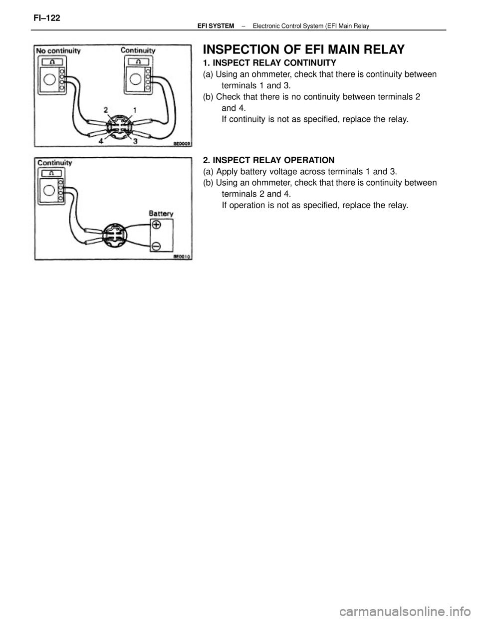 TOYOTA CAMRY V20 1986  Service Information INSPECTION OF EFI MAIN RELAY
1. INSPECT RELAY CONTINUITY
(a) Using an ohmmeter, check that there is continuity between
terminals 1 and 3.
(b) Check that there is no continuity between terminals 2
and 