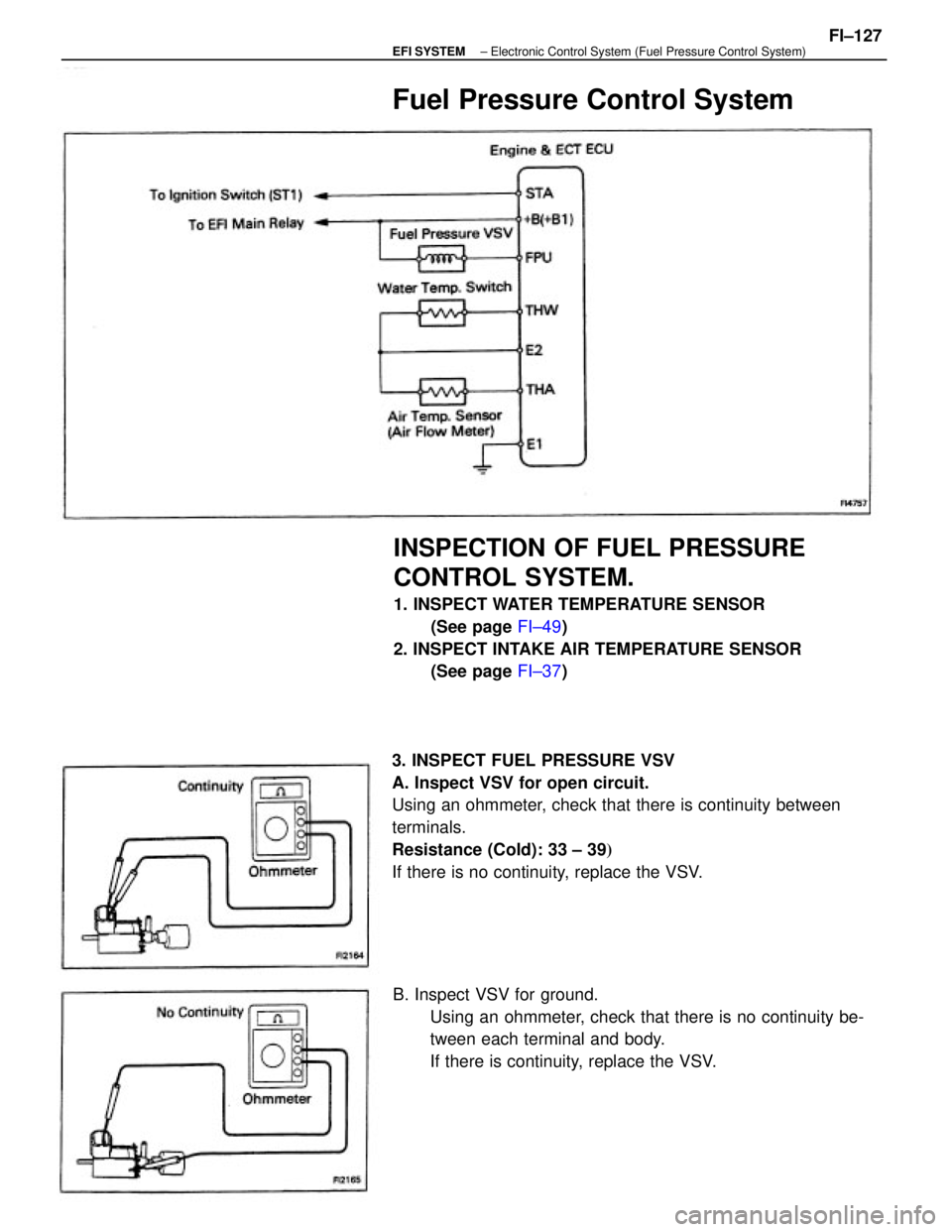 TOYOTA CAMRY V20 1986  Service Information 3. INSPECT FUEL PRESSURE VSV
A. Inspect VSV for open circuit.
Using an ohmmeter, check that there is continuity between
terminals.
Resistance (Cold): 33 ± 39
If there is no continuity, replace the V