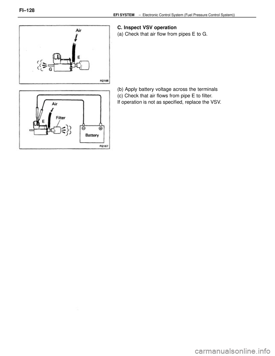 TOYOTA CAMRY V20 1986  Service Information (b) Apply battery voltage across the terminals
(c) Check that air flows from pipe E to filter.
If operation is not as specified, replace the VSV. C. Inspect VSV operation
(a) Check that air flow from 