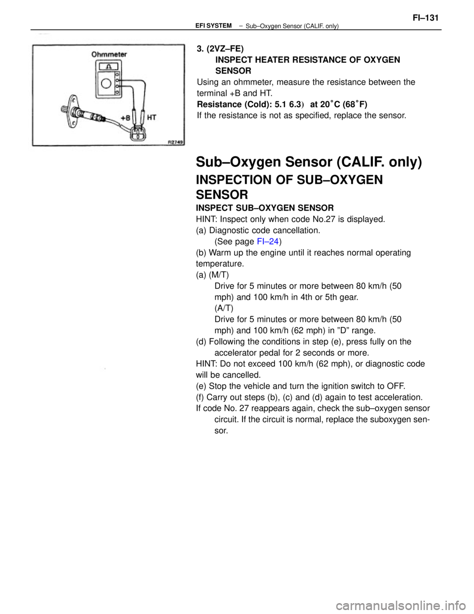 TOYOTA CAMRY V20 1986  Service Information Sub±Oxygen Sensor (CALIF. only)
INSPECTION OF SUB±OXYGEN
SENSOR
INSPECT SUB±OXYGEN SENSOR
HINT: Inspect only when code No.27 is displayed.
(a) Diagnostic code cancellation.
(See page FI±24)
(b) Wa