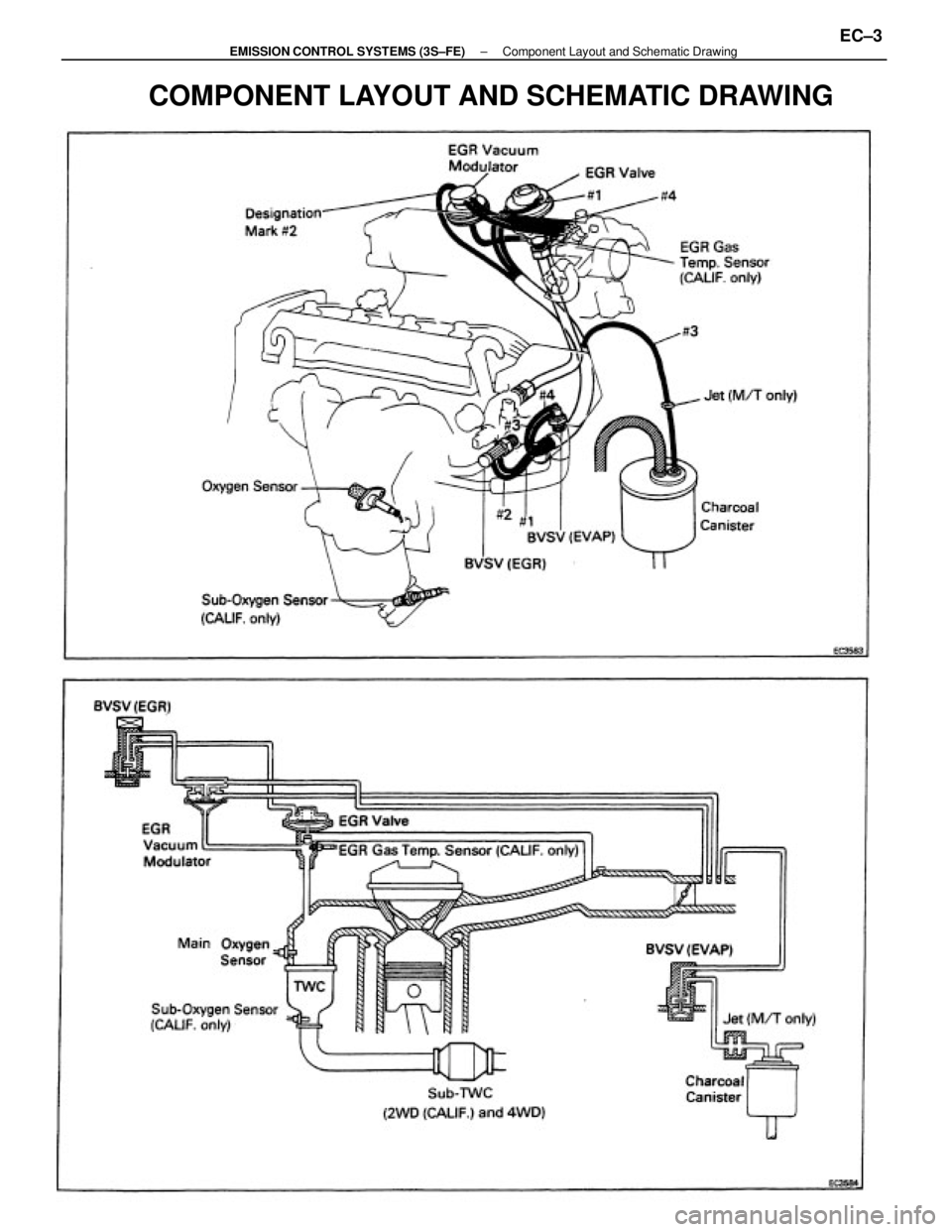TOYOTA CAMRY V20 1986  Service Information COMPONENT LAYOUT AND SCHEMATIC DRAWING
± EMISSION CONTROL SYSTEMS (3S±FE)Component Layout and Schematic DrawingEC±3 