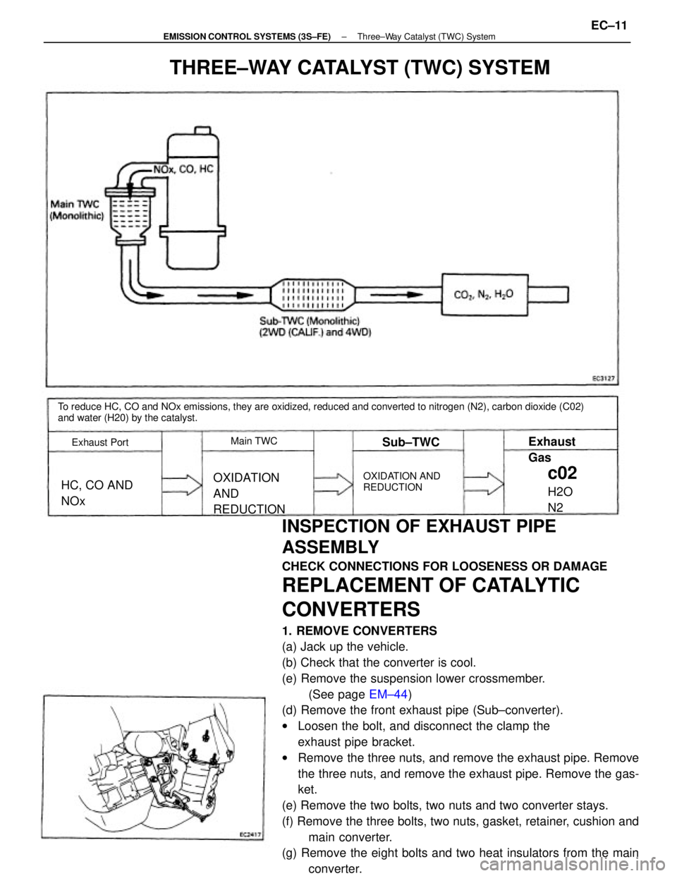 TOYOTA CAMRY V20 1986 Service Information INSPECTION OF EXHAUST PIPE
ASSEMBLY
CHECK CONNECTIONS FOR LOOSENESS OR DAMAGE
REPLACEMENT OF CATALYTIC
CONVERTERS
1. REMOVE CONVERTERS
(a) Jack up the vehicle.
(b) Check that the converter is cool.
(e TOYOTA CAMRY V20 1986 Service Information INSPECTION OF EXHAUST PIPE
ASSEMBLY
CHECK CONNECTIONS FOR LOOSENESS OR DAMAGE
REPLACEMENT OF CATALYTIC
CONVERTERS
1. REMOVE CONVERTERS
(a) Jack up the vehicle.
(b) Check that the converter is cool.
(e