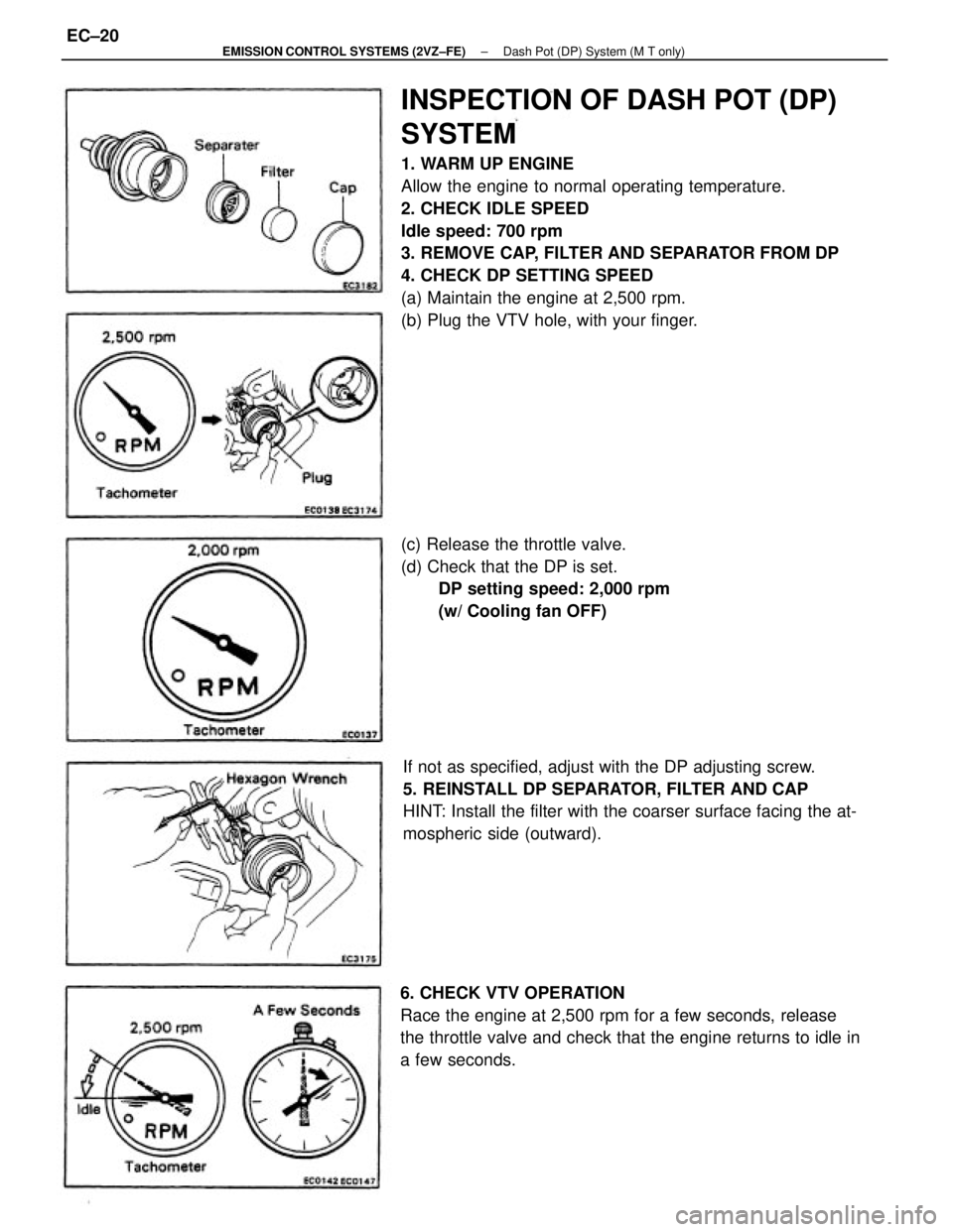TOYOTA CAMRY V20 1986 Service Information INSPECTION OF DASH POT (DP)
SYSTEM
1. WARM UP ENGINE
Allow the engine to normal operating temperature.
2. CHECK IDLE SPEED
Idle speed: 700 rpm
3. REMOVE CAP, FILTER AND SEPARATOR FROM DP
4. CHECK DP S TOYOTA CAMRY V20 1986 Service Information INSPECTION OF DASH POT (DP)
SYSTEM
1. WARM UP ENGINE
Allow the engine to normal operating temperature.
2. CHECK IDLE SPEED
Idle speed: 700 rpm
3. REMOVE CAP, FILTER AND SEPARATOR FROM DP
4. CHECK DP S