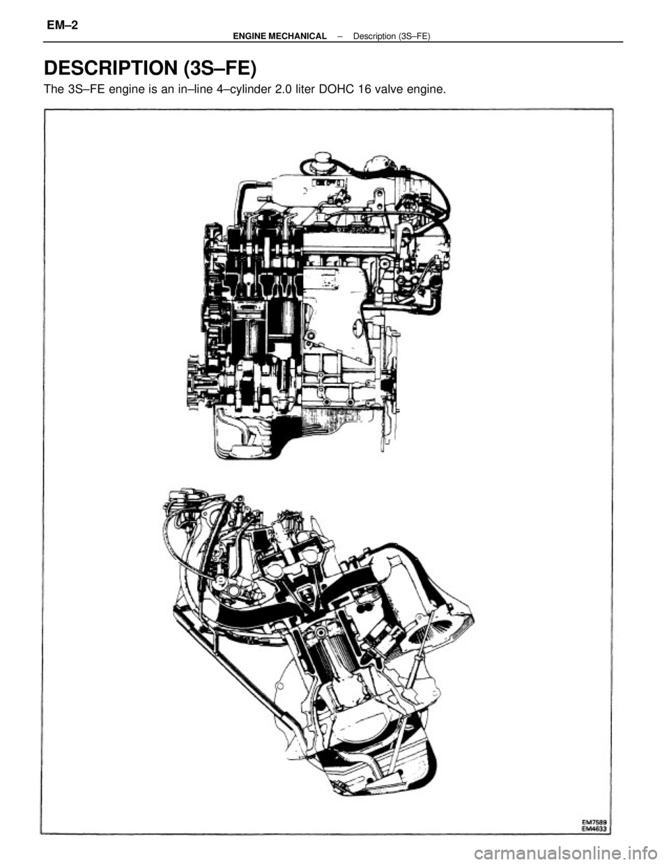 TOYOTA CAMRY V20 1986 Service Information DESCRIPTION (3S±FE)
The 3S±FE engine is an in±line 4±cylinder 2.0 liter DOHC 16 valve engine.
± ENGINE MECHANICALDescription (3S±FE)EM±2 TOYOTA CAMRY V20 1986 Service Information DESCRIPTION (3S±FE)
The 3S±FE engine is an in±line 4±cylinder 2.0 liter DOHC 16 valve engine.
± ENGINE MECHANICALDescription (3S±FE)EM±2