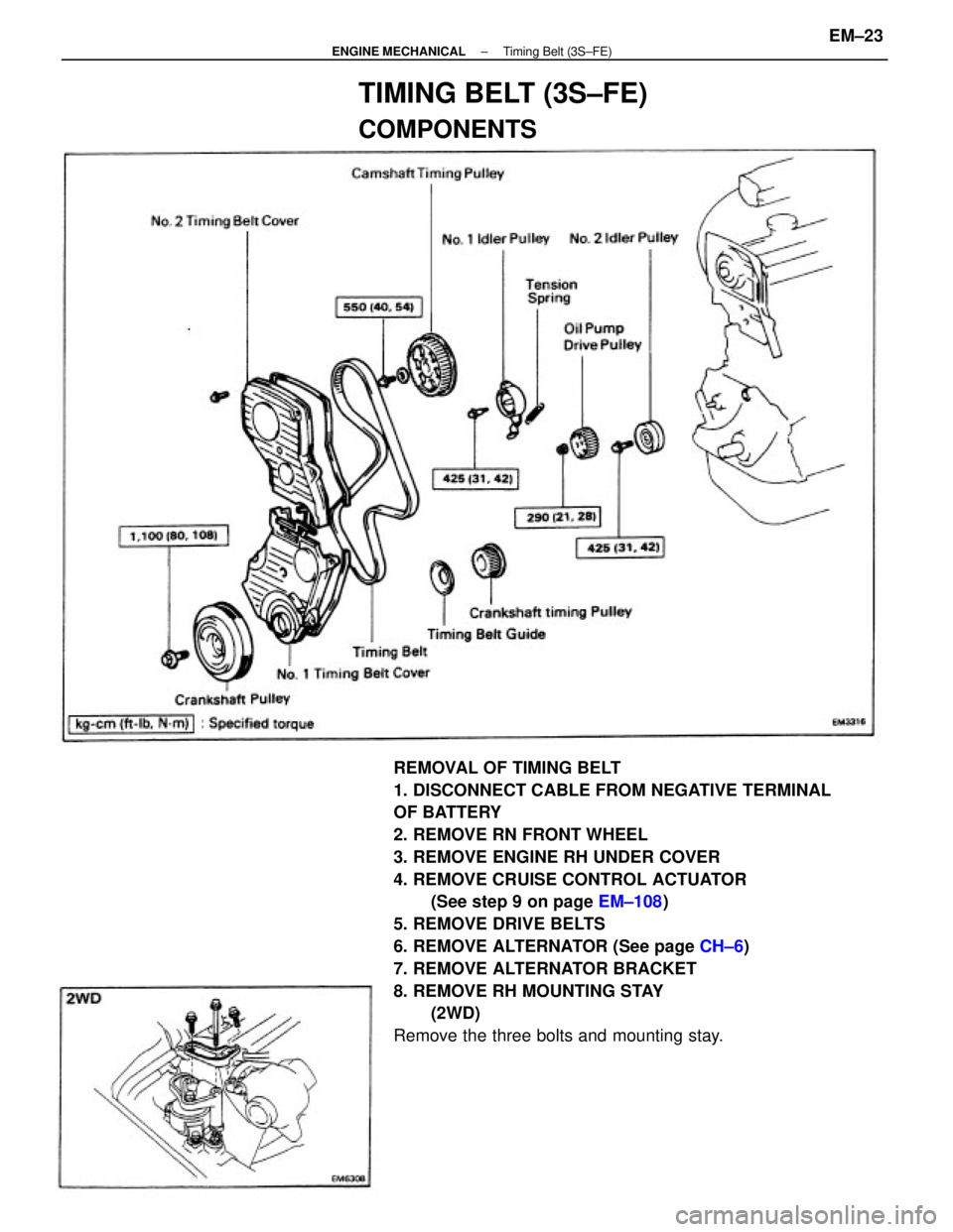 TOYOTA CAMRY V20 1986  Service Information REMOVAL OF TIMING BELT
1. DISCONNECT CABLE FROM NEGATIVE TERMINAL
OF BATTERY
2. REMOVE RN FRONT WHEEL
3. REMOVE ENGINE RH UNDER COVER
4. REMOVE CRUISE CONTROL ACTUATOR
(See step 9 on page EM±108)
5. 