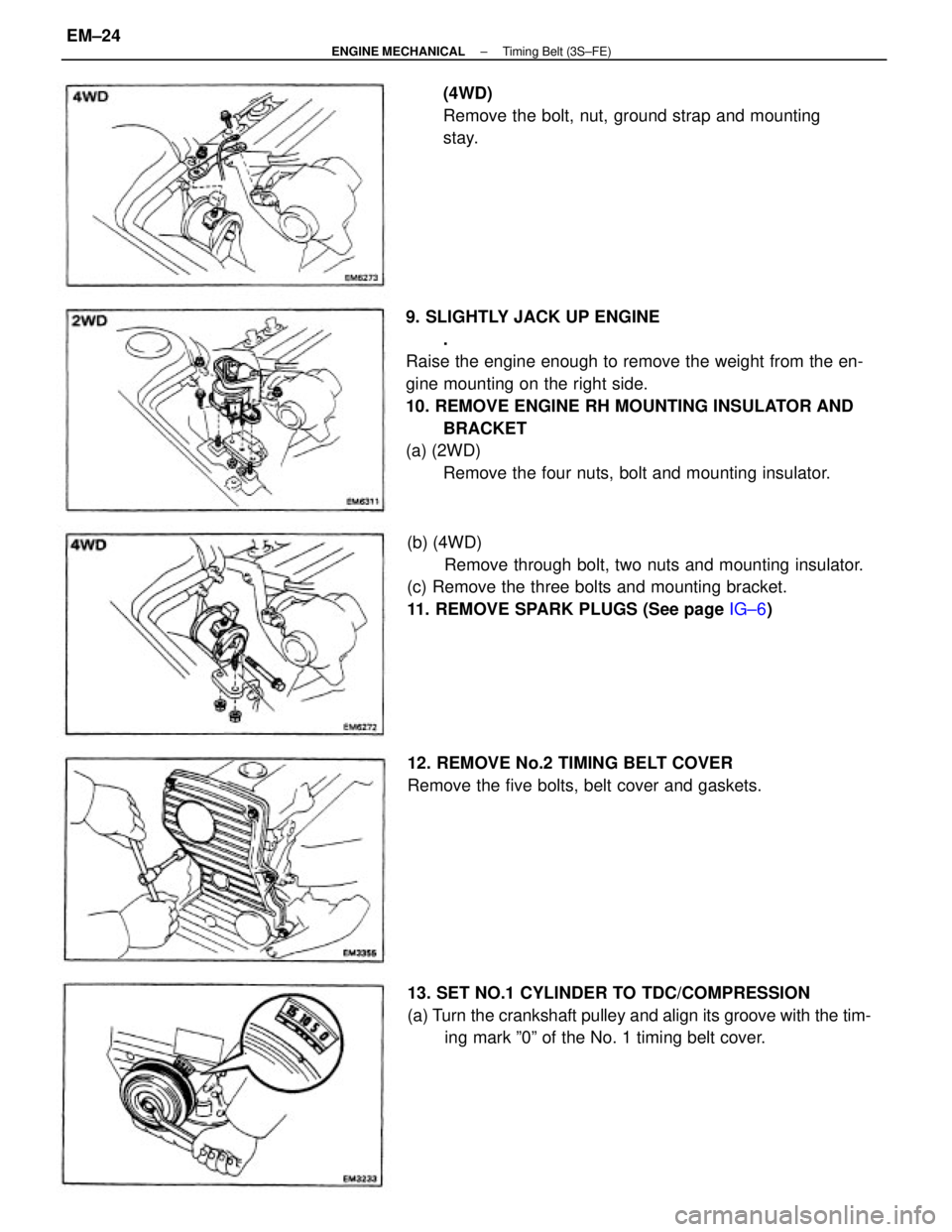 TOYOTA CAMRY V20 1986 Service Information 9. SLIGHTLY JACK UP ENGINE
.
Raise the engine enough to remove the weight from the en-
gine mounting on the right side.
10. REMOVE ENGINE RH MOUNTING INSULATOR AND
BRACKET
(a) (2WD)
Remove the four nu TOYOTA CAMRY V20 1986 Service Information 9. SLIGHTLY JACK UP ENGINE
.
Raise the engine enough to remove the weight from the en-
gine mounting on the right side.
10. REMOVE ENGINE RH MOUNTING INSULATOR AND
BRACKET
(a) (2WD)
Remove the four nu
