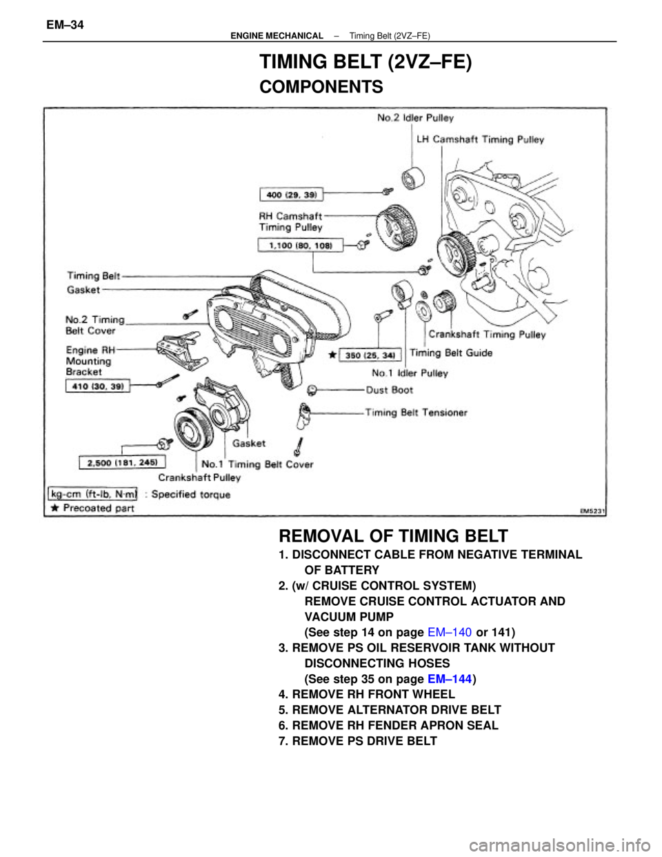 TOYOTA CAMRY V20 1986 Service Information REMOVAL OF TIMING BELT
1. DISCONNECT CABLE FROM NEGATIVE TERMINAL
OF BATTERY
2. (w/ CRUISE CONTROL SYSTEM)
REMOVE CRUISE CONTROL ACTUATOR AND
VACUUM PUMP
(See step 14 on page EM±140 or 141)
3. REMOVE TOYOTA CAMRY V20 1986 Service Information REMOVAL OF TIMING BELT
1. DISCONNECT CABLE FROM NEGATIVE TERMINAL
OF BATTERY
2. (w/ CRUISE CONTROL SYSTEM)
REMOVE CRUISE CONTROL ACTUATOR AND
VACUUM PUMP
(See step 14 on page EM±140 or 141)
3. REMOVE