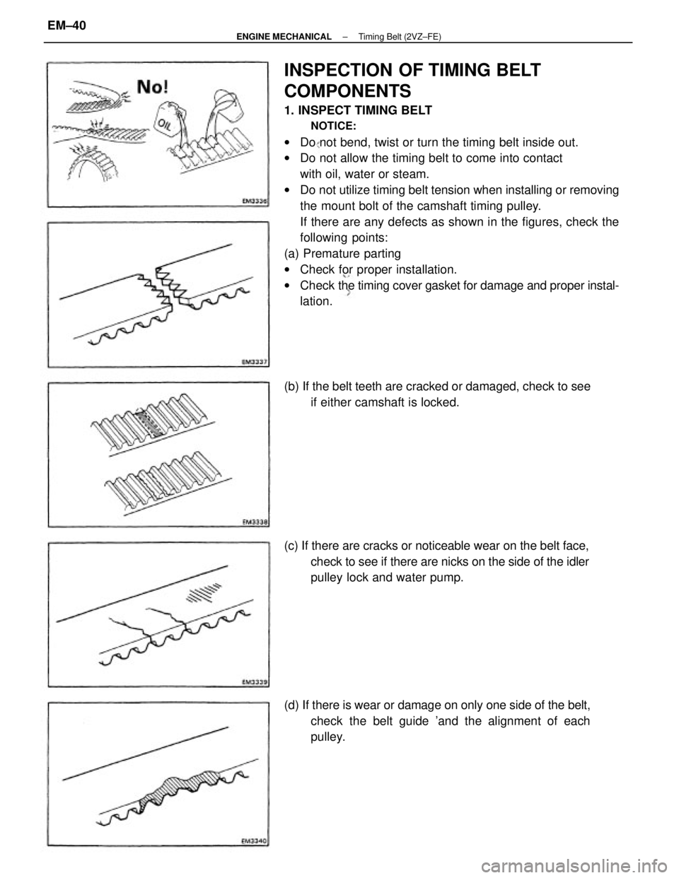 TOYOTA CAMRY V20 1986 Service Information INSPECTION OF TIMING BELT
COMPONENTS
1. INSPECT TIMING BELT
NOTICE:
wDo not bend, twist or turn the timing belt inside out.
wDo not allow the timing belt to come into contact
with oil, water or steam. TOYOTA CAMRY V20 1986 Service Information INSPECTION OF TIMING BELT
COMPONENTS
1. INSPECT TIMING BELT
NOTICE:
wDo not bend, twist or turn the timing belt inside out.
wDo not allow the timing belt to come into contact
with oil, water or steam.