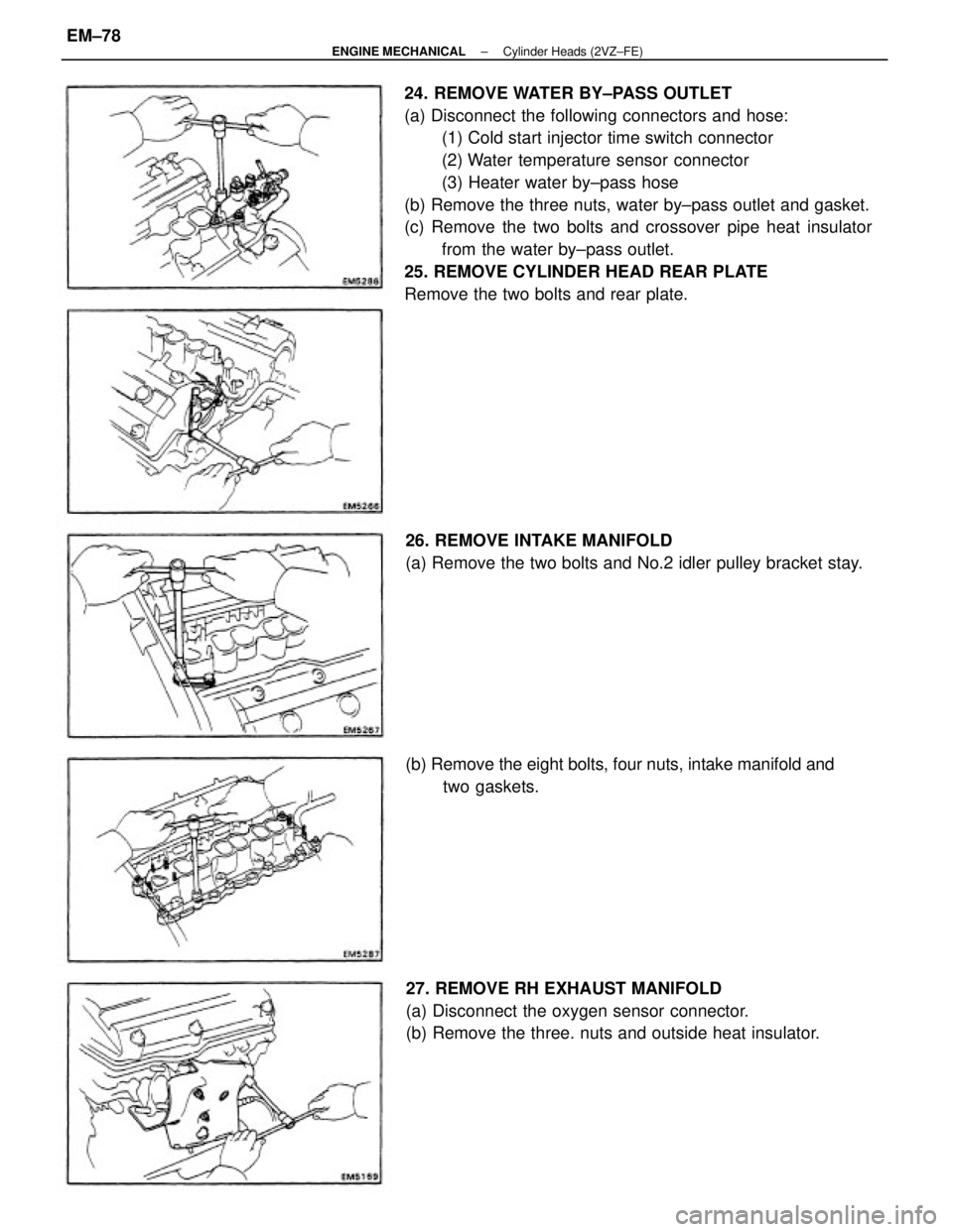 TOYOTA CAMRY V20 1986 Service Information 24. REMOVE WATER BY±PASS OUTLET
(a) Disconnect the following connectors and hose:
(1) Cold start injector time switch connector
(2) Water temperature sensor connector
(3) Heater water by±pass hose
( TOYOTA CAMRY V20 1986 Service Information 24. REMOVE WATER BY±PASS OUTLET
(a) Disconnect the following connectors and hose:
(1) Cold start injector time switch connector
(2) Water temperature sensor connector
(3) Heater water by±pass hose
(