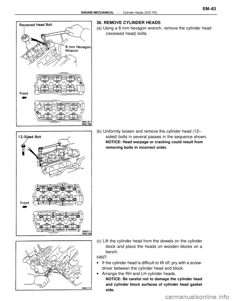 TOYOTA CAMRY V20 1986  Service Information (c) Lift the cylinder head from the dowels on the cylinder
block and place the heads on wooden blocks on a
bench.
HINT:
wIf the cylinder head is difficult to lift off, pry with a screw-
driver between