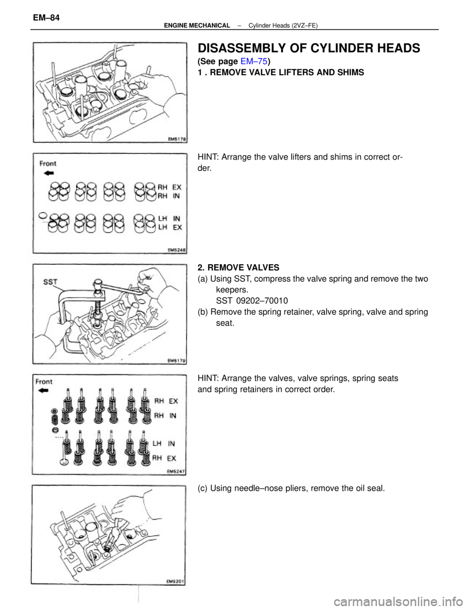 TOYOTA CAMRY V20 1986  Service Information 2. REMOVE VALVES
(a) Using SST, compress the valve spring and remove the two
keepers.
SST 09202±70010
(b) Remove the spring retainer, valve spring, valve and spring
seat.
DISASSEMBLY OF CYLINDER HEAD