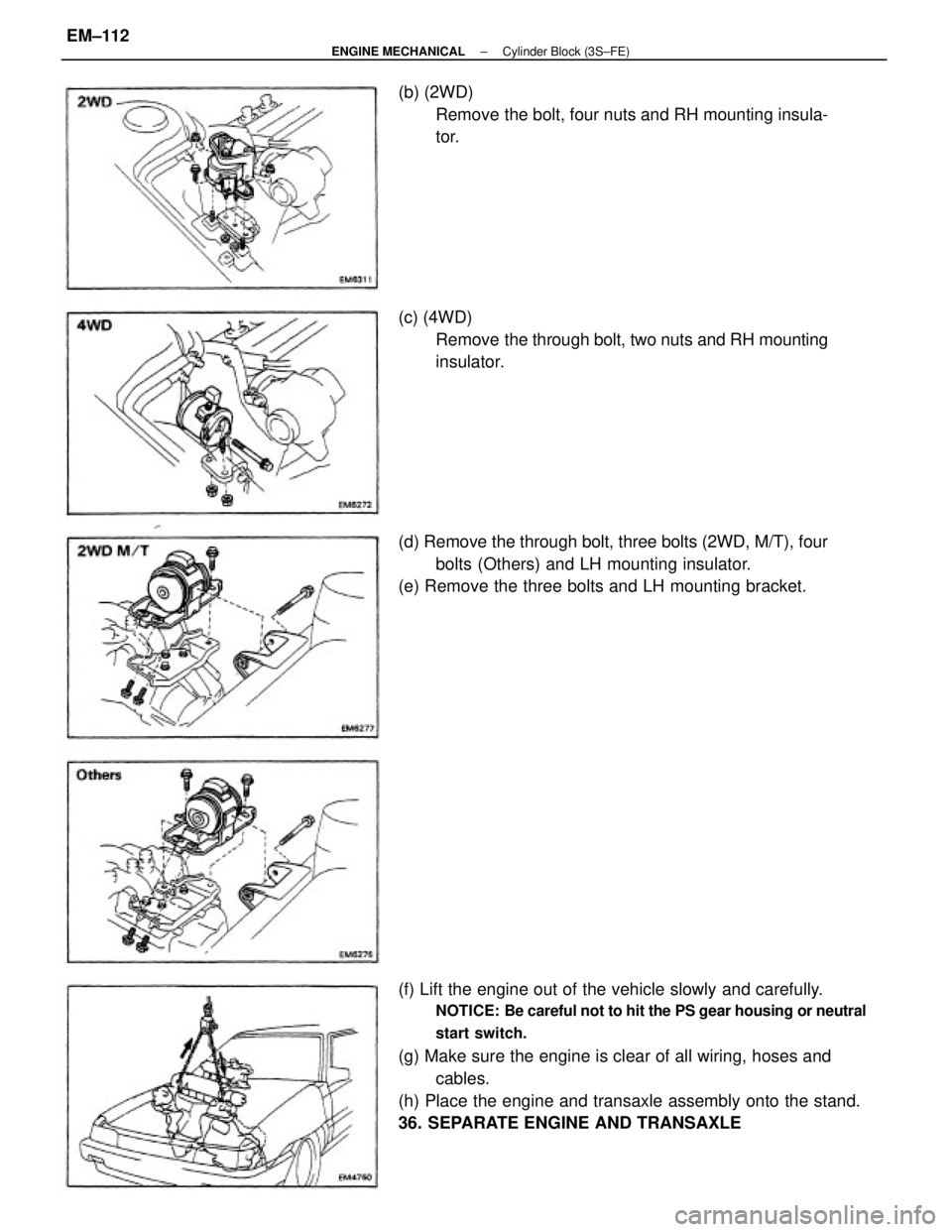 TOYOTA CAMRY V20 1986  Service Information (f) Lift the engine out of the vehicle slowly and carefully.
NOTICE: Be careful not to hit the PS gear housing or neutral
start switch.
(g) Make sure the engine is clear of all wiring, hoses and
cable
