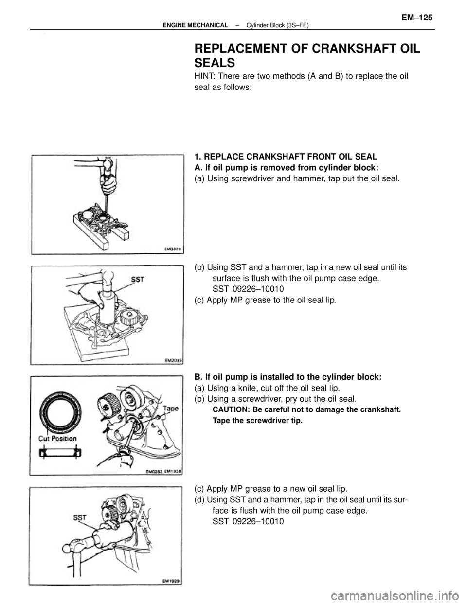 TOYOTA CAMRY V20 1986  Service Information B. If oil pump is installed to the cylinder block:
(a) Using a knife, cut off the oil seal lip.
(b) Using a screwdriver, pry out the oil seal.
CAUTION: Be careful not to damage the crankshaft.
Tape th