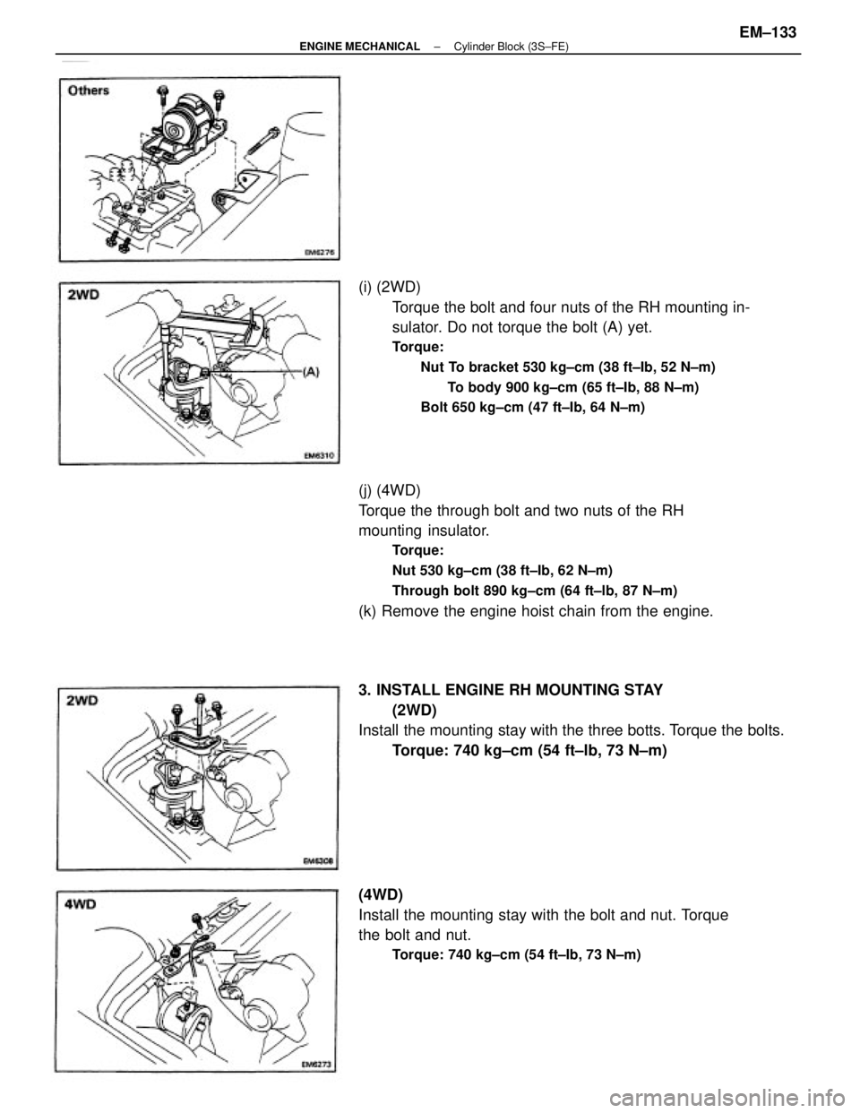 TOYOTA CAMRY V20 1986  Service Information (j) (4WD)
Torque the through bolt and two nuts of the RH
mounting insulator.
Torque:
Nut 530 kg±cm (38 ft±Ib, 62 N±m)
Through bolt 890 kg±cm (64 ft±lb, 87 N±m)
(k) Remove the engine hoist chain 