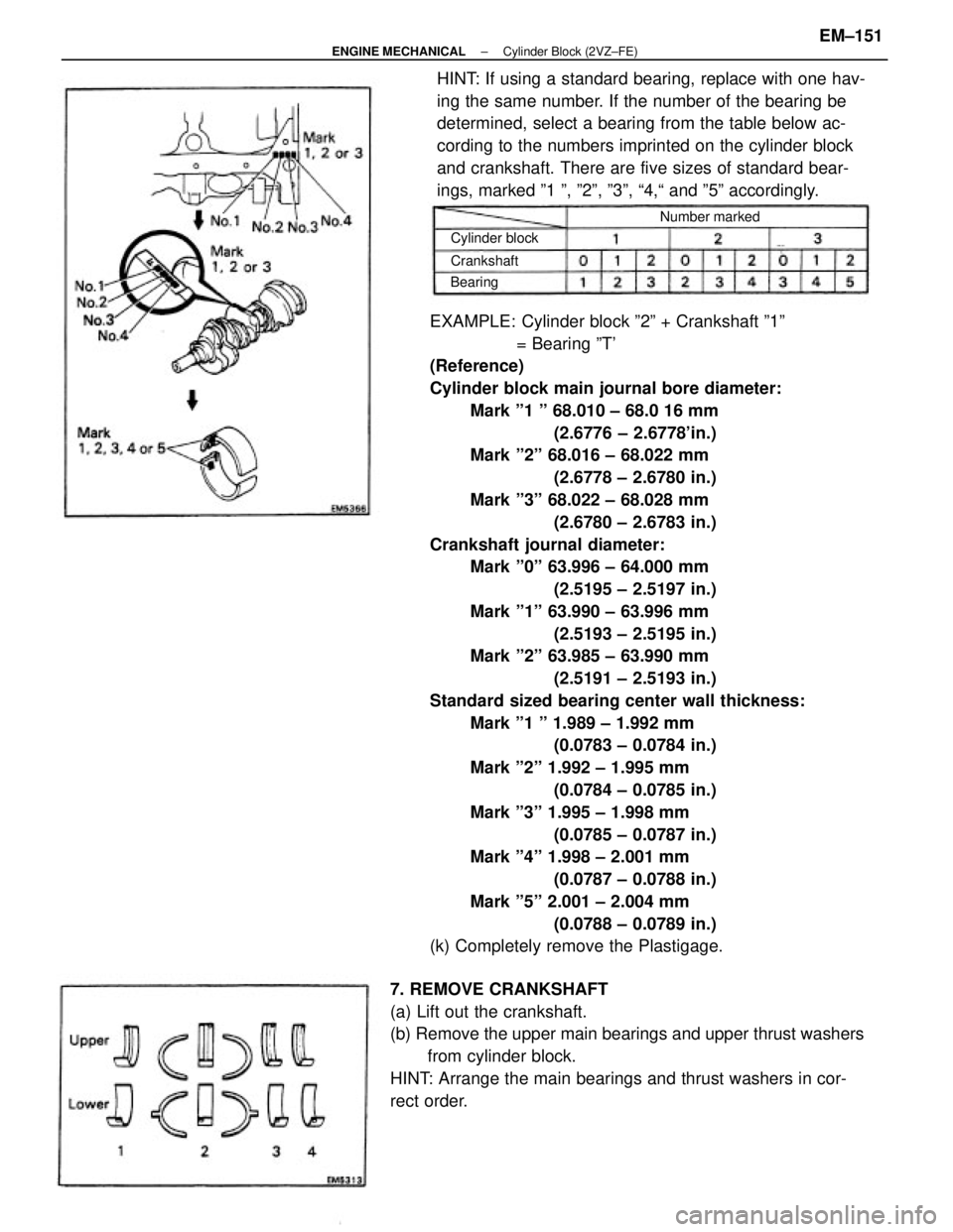 TOYOTA CAMRY V20 1986  Service Information EXAMPLE:  Cylinder block º2º + Crankshaft º1º
= Bearing ºT
(Reference)
Cylinder block main journal bore diameter:
Mark º1 º 68.010 ± 68.0 16 mm
(2.6776 ± 2.6778in.)
Mark º2º 68.016 ± 68.