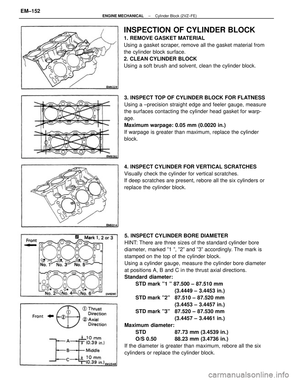 TOYOTA CAMRY V20 1986  Service Information 5. INSPECT CYLINDER BORE DIAMETER
HINT: There are three sizes of the standard cylinder bore
diameter, marked º1 º, º2º and º3º accordingly. The mark is
stamped on the top of the cylinder block.
