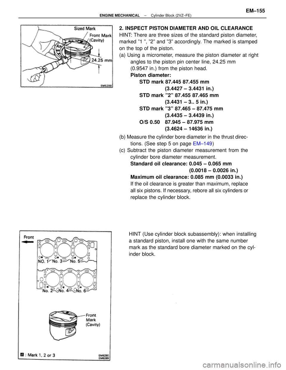 TOYOTA CAMRY V20 1986  Service Information 2. INSPECT PISTON DIAMETER AND OIL CLEARANCE
HINT: There are three sizes of the standard piston diameter,
marked º1 º, º2º and º3º accordingly. The marked is stamped
on the top of the piston.
(a