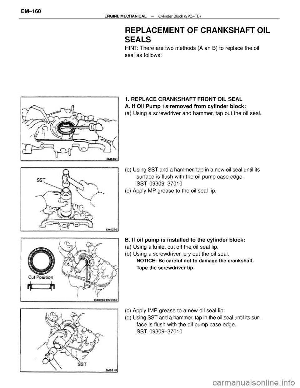 TOYOTA CAMRY V20 1986  Service Information B. If oil pump is installed to the cylinder block:
(a) Using a knife, cut off the oil seal lip.
(b) Using a screwdriver, pry out the oil seal.
NOTICE: Be careful not to damage the crankshaft.
Tape the